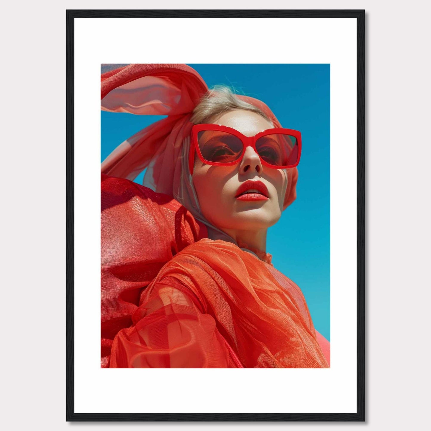 This striking photo features a confident woman wearing bold red sunglasses and a matching headscarf against a vibrant blue sky. The image is framed in a sleek black border, enhancing its modern aesthetic.