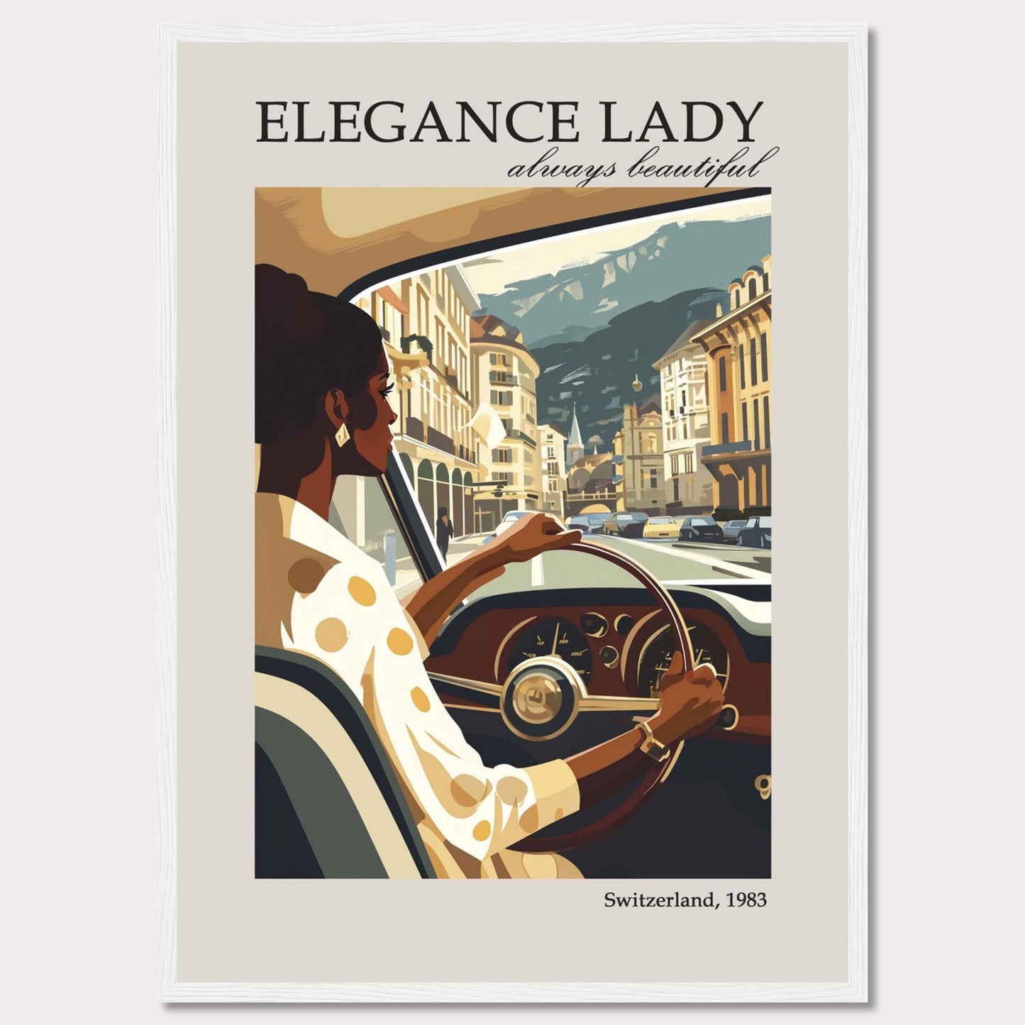 This image depicts a stylish woman driving through a picturesque European city, exuding elegance and confidence.