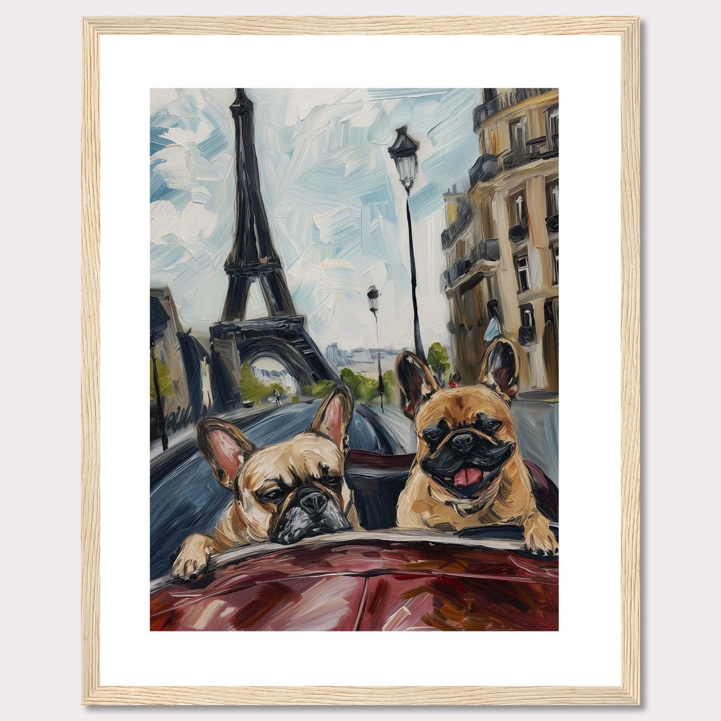 This vibrant painting captures two adorable French Bulldogs enjoying a ride in a car with the iconic Eiffel Tower in the background. The artwork beautifully blends elements of Parisian architecture, street lamps, and the joyful expressions of the dogs.