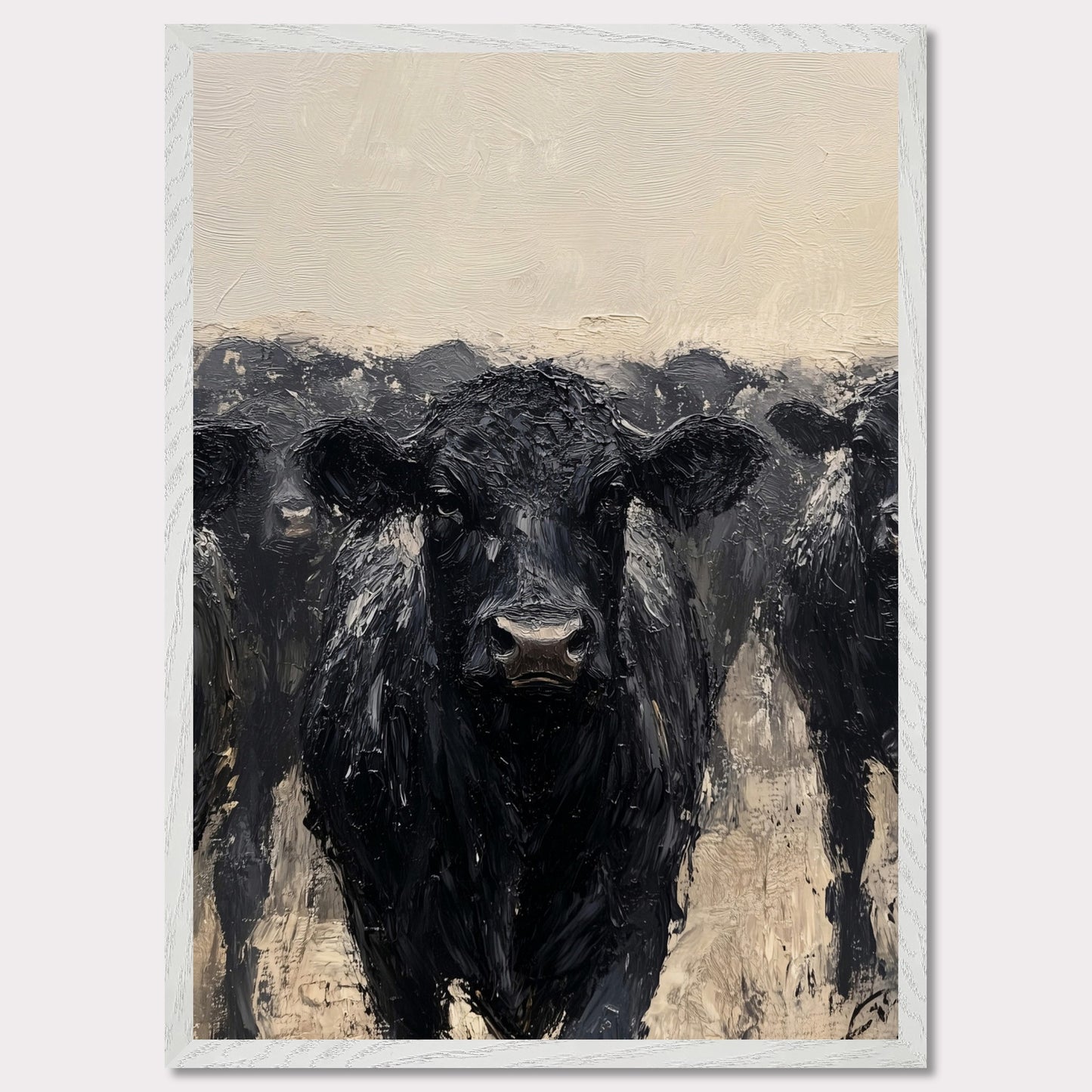 This striking painting captures the intense gaze of a black cow, surrounded by its herd. The textured brushstrokes and muted color palette create a powerful and captivating image.