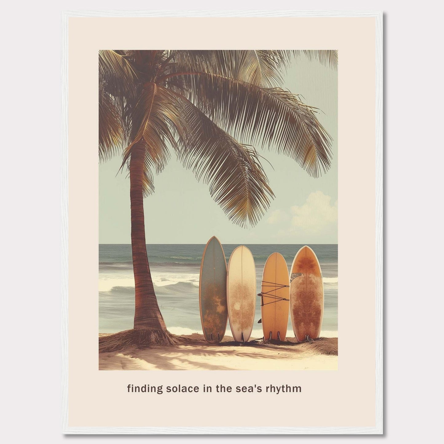 This image captures a serene beach scene with surfboards resting against a palm tree, inviting you to find peace in the ocean's rhythm.