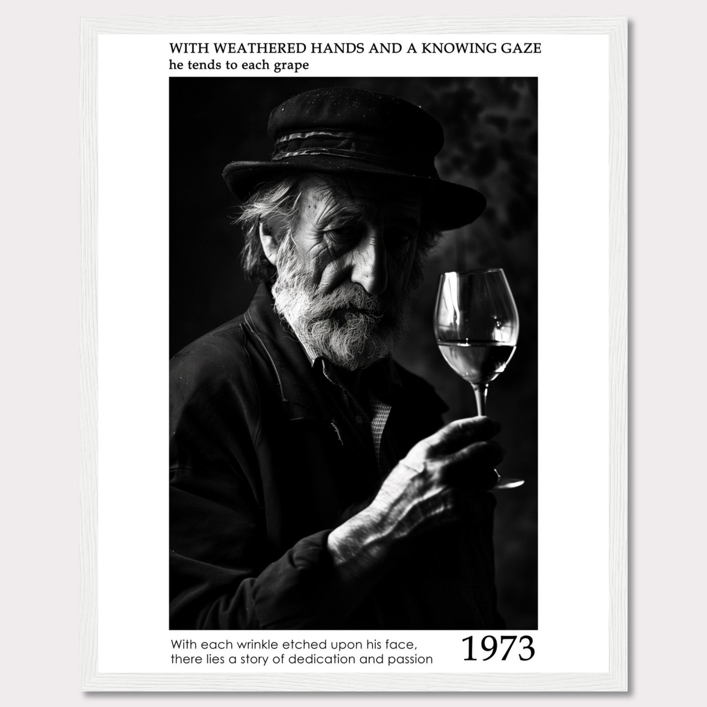 This evocative black-and-white photograph captures an elderly man with a weathered face, holding a glass of wine. His thoughtful gaze and the detailed wrinkles on his face tell a story of dedication and passion. The text accompanying the image reads: "With weathered hands and a knowing gaze he tends to each grape. With each wrinkle etched upon his face, there lies a story of dedication and passion." The year 1973 is prominently displayed.