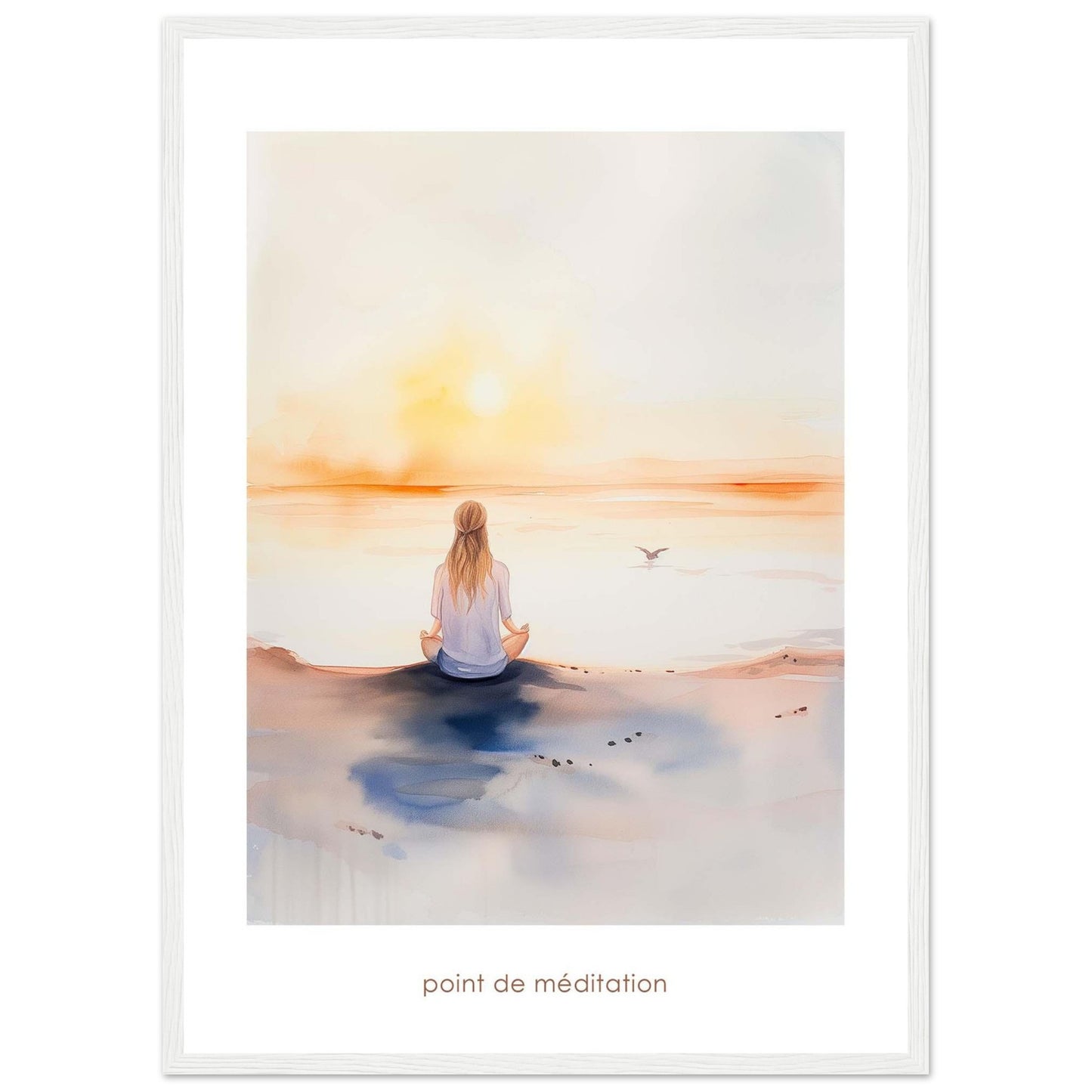 This serene artwork captures a tranquil moment of meditation by the sea at sunrise. A person sits cross-legged on the shore, facing the calming horizon as the sun rises, casting a warm glow over the water. A bird flies gracefully in the distance, adding to the peaceful ambiance. The soft colors and gentle brushstrokes evoke a sense of calm and introspection.