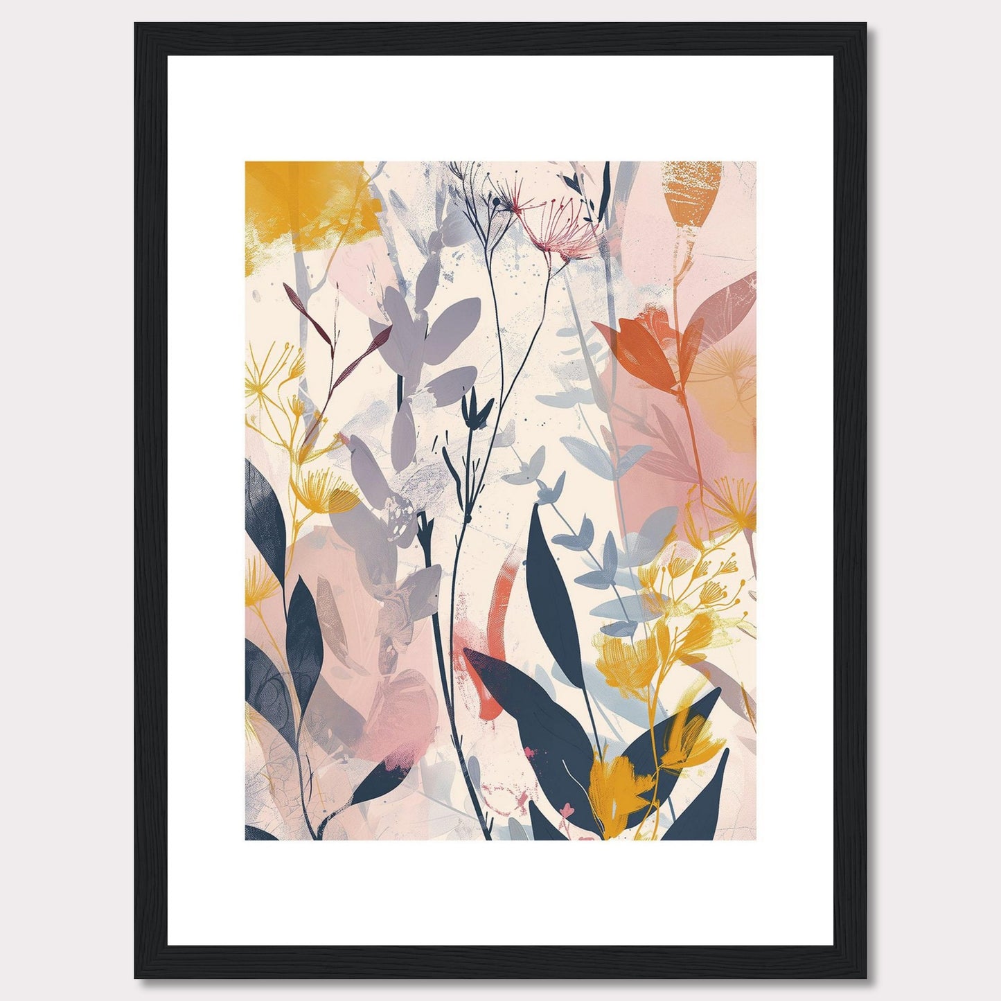 This image showcases a beautiful abstract botanical art print. It features a blend of soft and vibrant colors, depicting various plant forms and leaves.