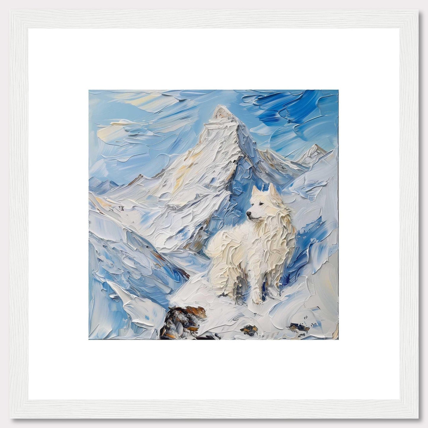 This painting depicts a majestic white dog standing proudly amidst a snowy mountain landscape. The thick, textured brushstrokes create a sense of movement and coldness in the scene.