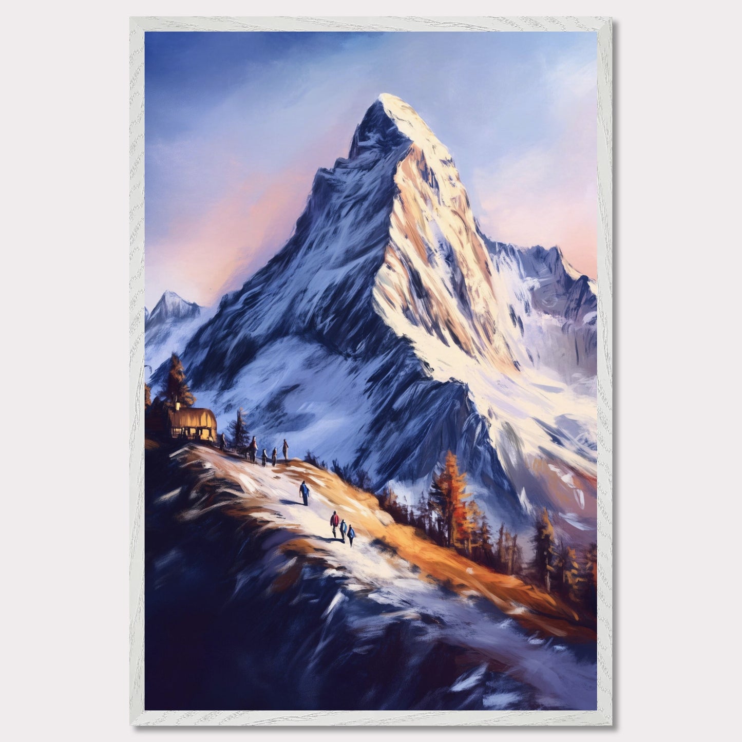 This atmospheric poster captures the awe-inspiring beauty of Zermatt, emphasizing the grandeur of the Matterhorn as it towers over a snow-dusted trail bathed in golden light. The soft, painterly style evokes a sense of tranquility and adventure, blending the rugged alpine landscape with the warmth of human activity.