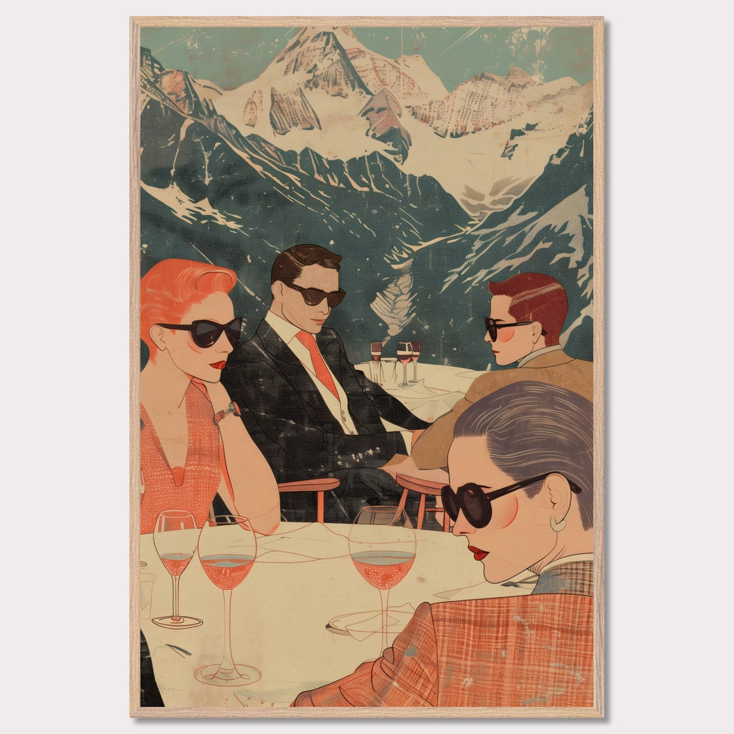 This captivating illustration depicts a stylish group of individuals enjoying a sophisticated gathering with a stunning mountain backdrop.