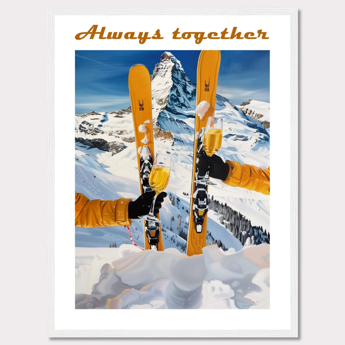 This image showcases a picturesque winter scene with two skiers celebrating on a snowy mountain. The central focus is on the skis and champagne glasses, symbolizing a joyous moment shared together.