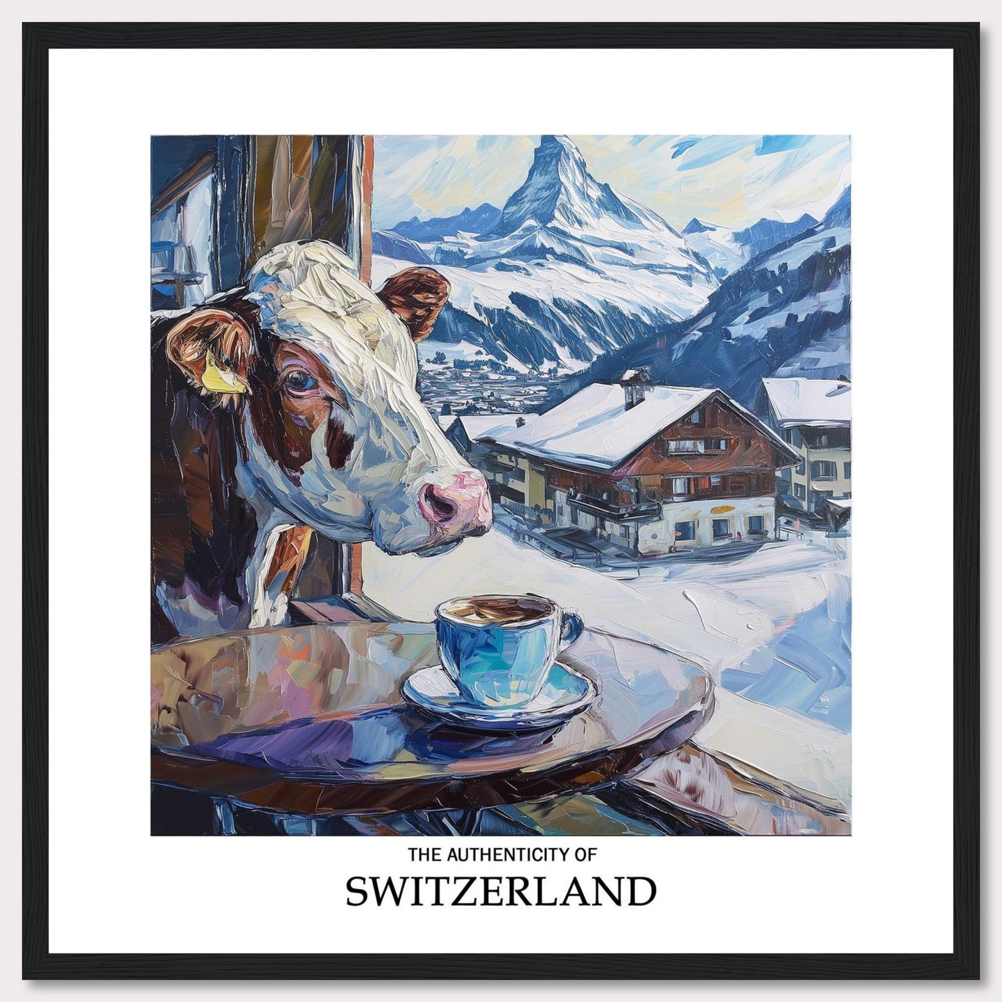 A charming painting captures the essence of Switzerland, featuring a curious cow peeking out of a window, a steaming cup of coffee, and a picturesque snowy village with the majestic Swiss Alps in the background.