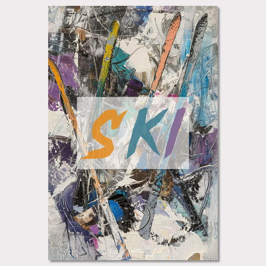 This vibrant artwork showcases an abstract composition featuring colorful ski elements. The word "SKI" is prominently displayed in bold, dynamic letters across the center. The background is a chaotic mix of brushstrokes and textures, creating a sense of movement and energy.