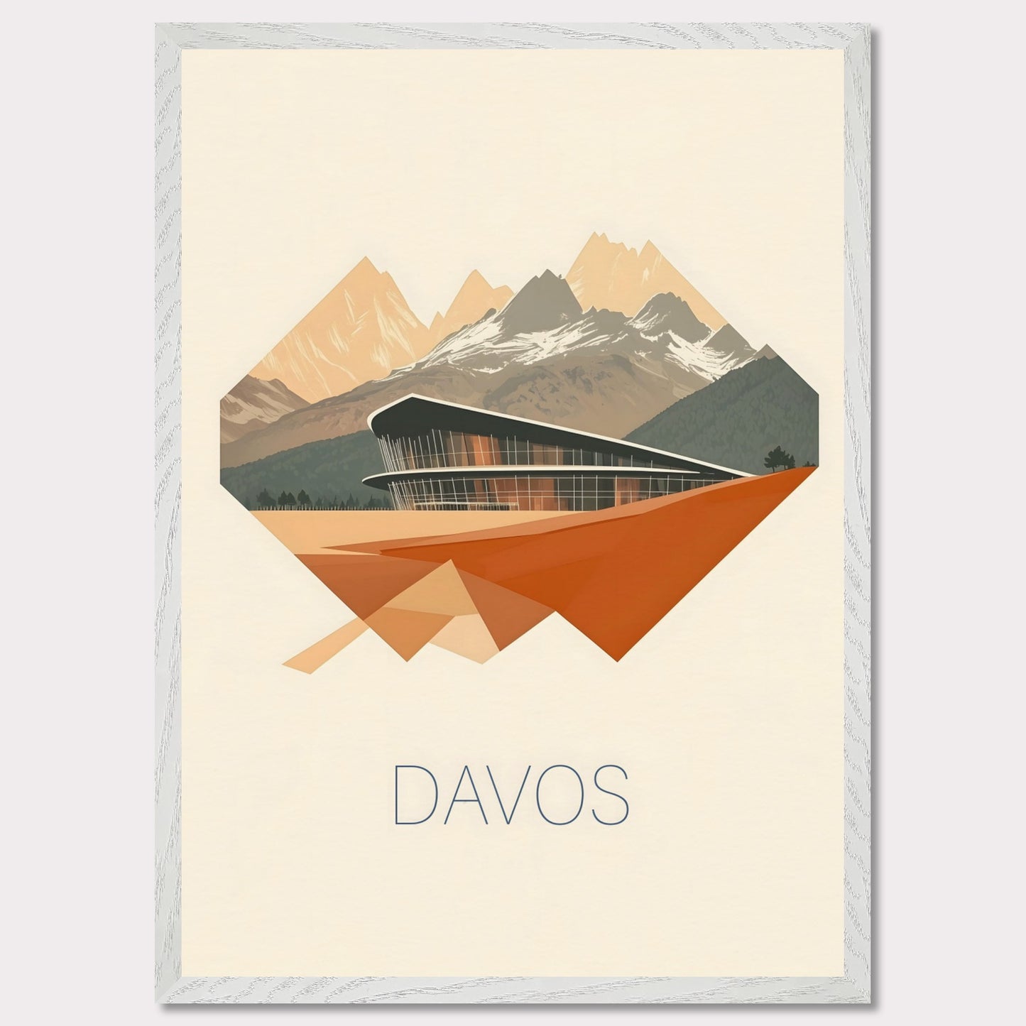 A visually striking poster featuring Davos’ futuristic architecture, integrated into an angular, geometric design. The sharp lines and warm earth tones contrast with the cool mountain backdrop, creating a bold, dynamic effect.