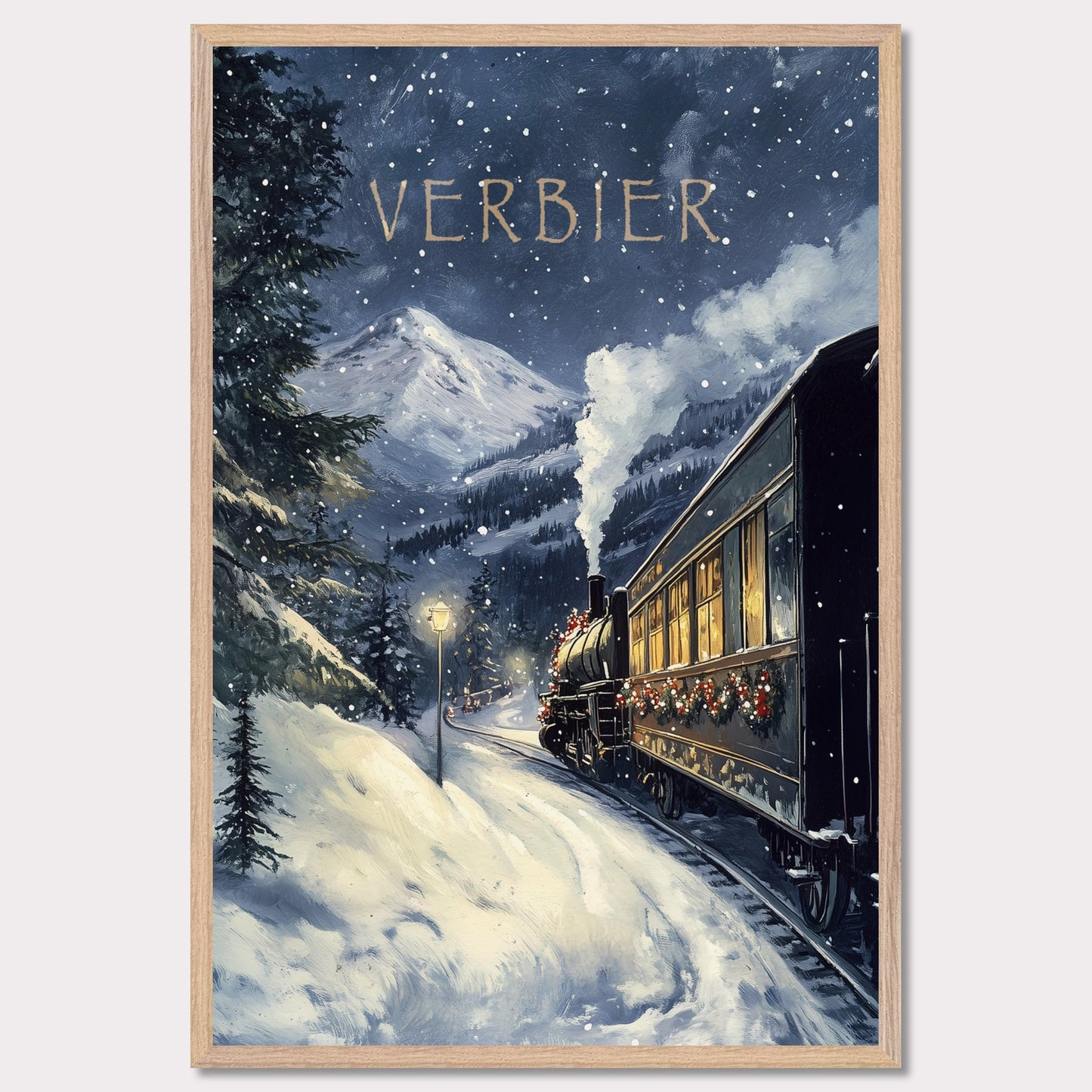 This charming, vintage-inspired poster transports you to a winter wonderland in Verbier, as a steam train adorned with festive decorations winds its way through a snowy mountain landscape. The warm glow from the train’s windows contrasts beautifully with the cool, snowy surroundings, creating a nostalgic and inviting atmosphere. The gentle snowfall and the towering mountain peaks in the background complete the serene yet adventurous feel of this picturesque winter journey.