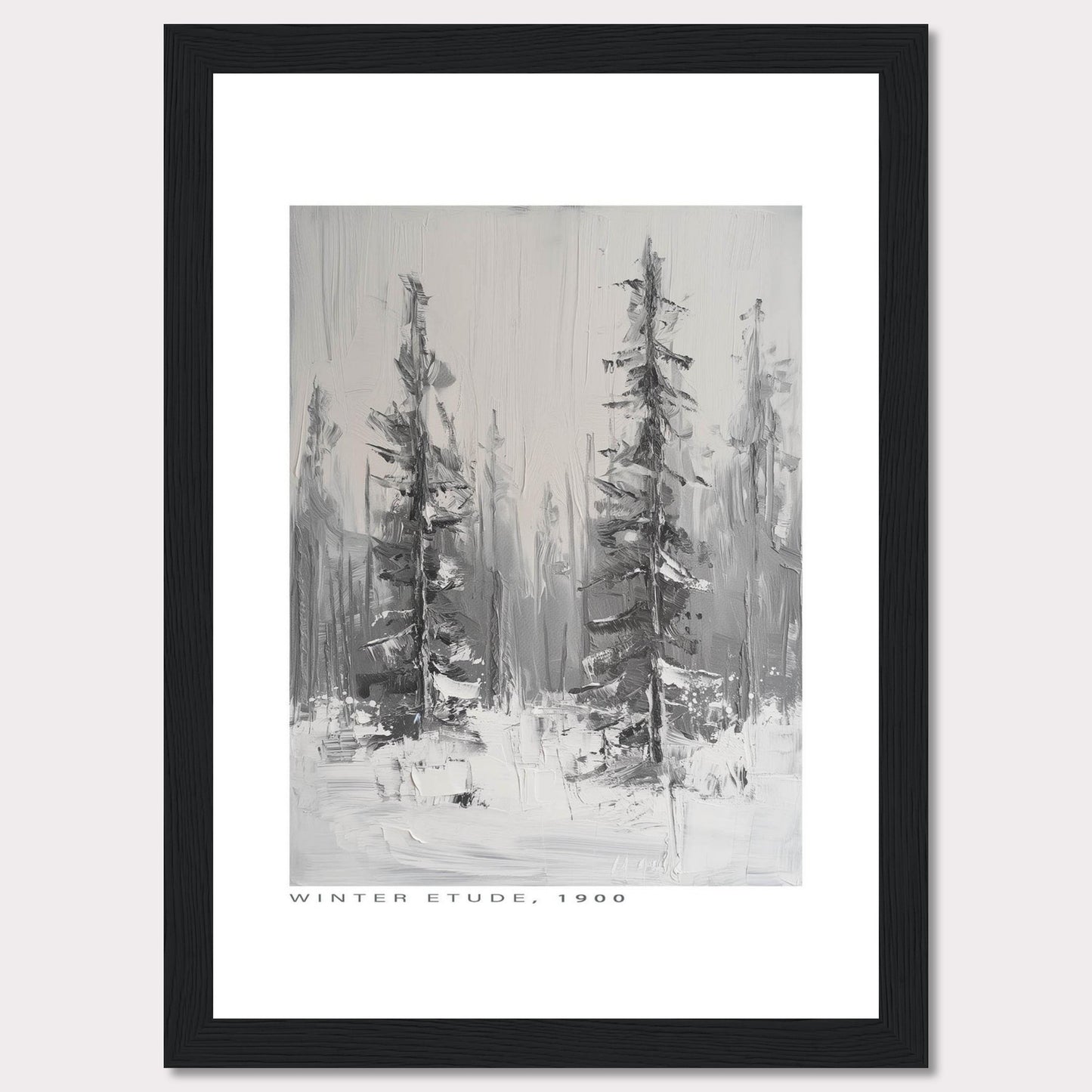 This image showcases a framed painting titled "Winter Etude, 1900". The artwork depicts a serene winter landscape with two prominent trees standing tall amidst a snowy backdrop. The painting is done in grayscale, emphasizing the cold and tranquil atmosphere of winter.