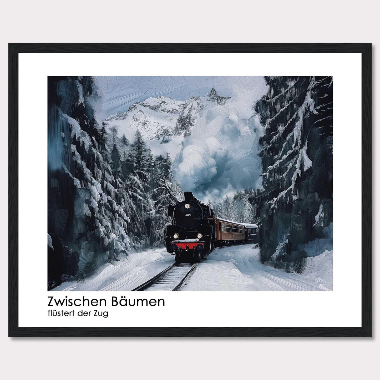 This captivating image depicts a steam train chugging through a snowy forest, with towering pine trees on either side and majestic snow-covered mountains in the background. The scene is serene and picturesque, capturing the essence of winter wonderland.