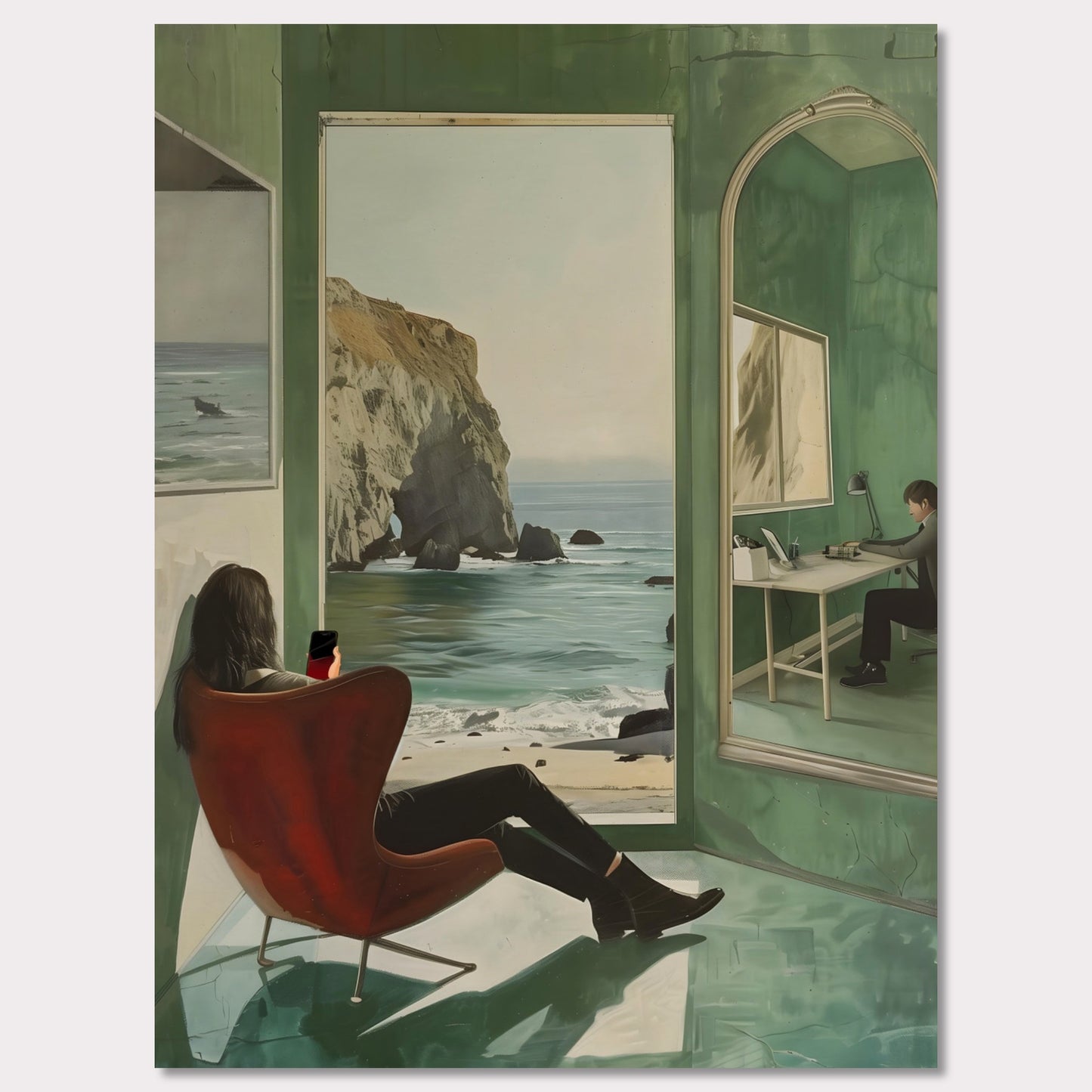 This captivating artwork depicts a serene coastal scene viewed from inside a room. A person is seated in a red chair, gazing out at the ocean through an open window. The reflection of another person working at a desk is visible in a large mirror on the right side. The room's green walls and floor create a calming ambiance, enhancing the peacefulness of the ocean view.