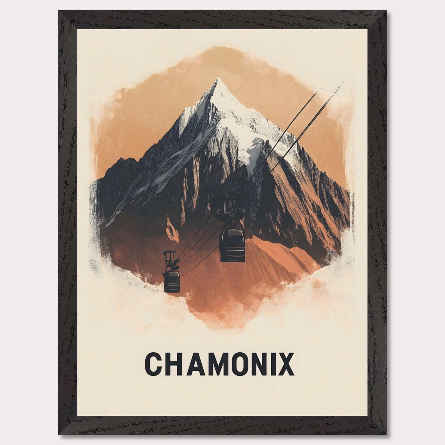 This minimalist poster artfully presents Chamonix, France, a legendary alpine destination known for its dramatic peaks and thrilling ski slopes. The sharp, stylized mountain silhouette contrasts beautifully with the soft sky, creating a bold yet harmonious composition. The subtle shading adds depth, bringing the grandeur of Mont Blanc to life.