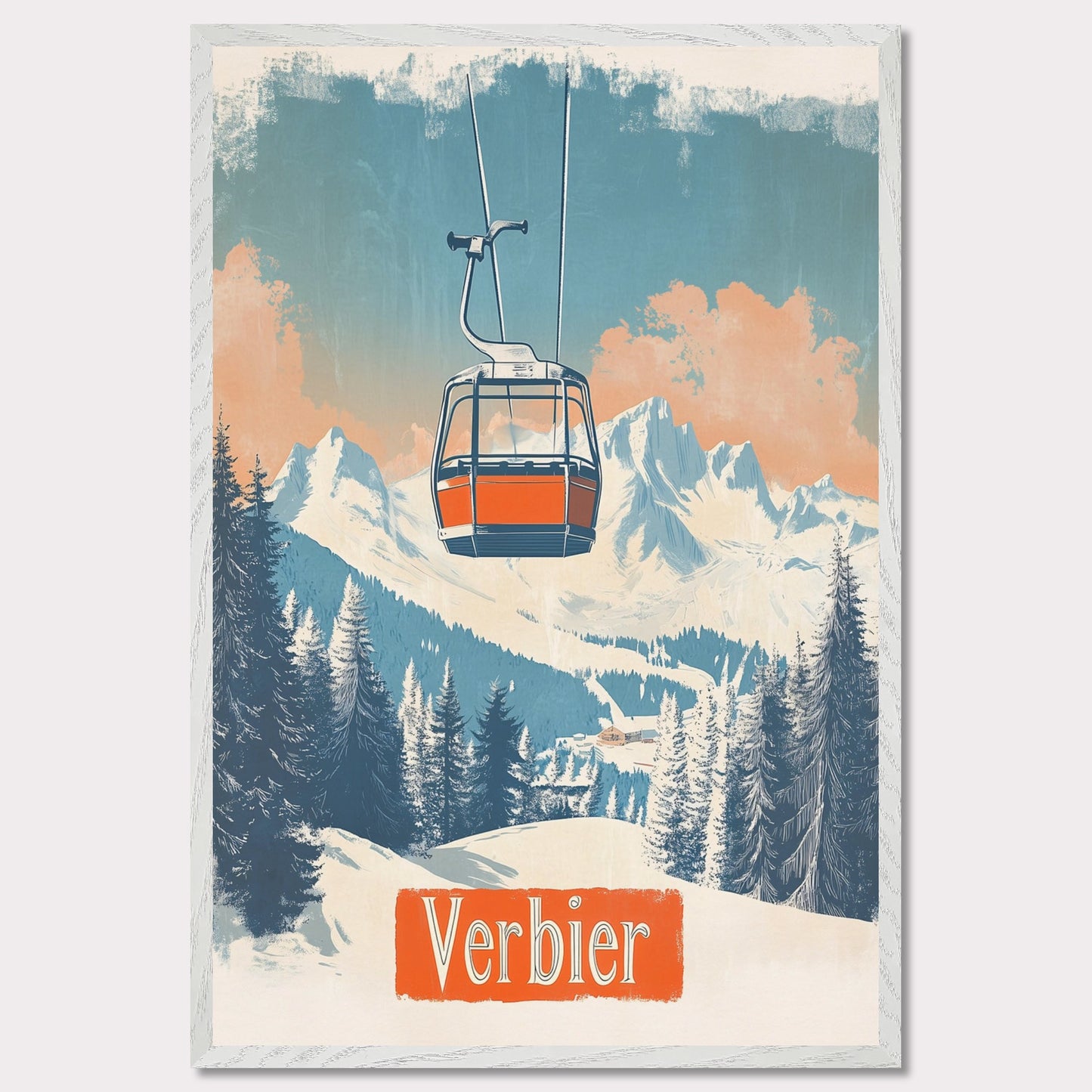 This picturesque retro-inspired poster showcases a vibrant orange gondola gracefully ascending the snowy mountainside of Verbier. The tranquil beauty of the landscape is captured with soft pastel tones in the sky, complemented by the rugged peaks in the distance. The modern gondola stands in contrast to the pristine, snow-covered trees, evoking a sense of peaceful adventure and the journey to the mountain’s summit. The vintage art style enhances the nostalgic vibe of alpine exploration.