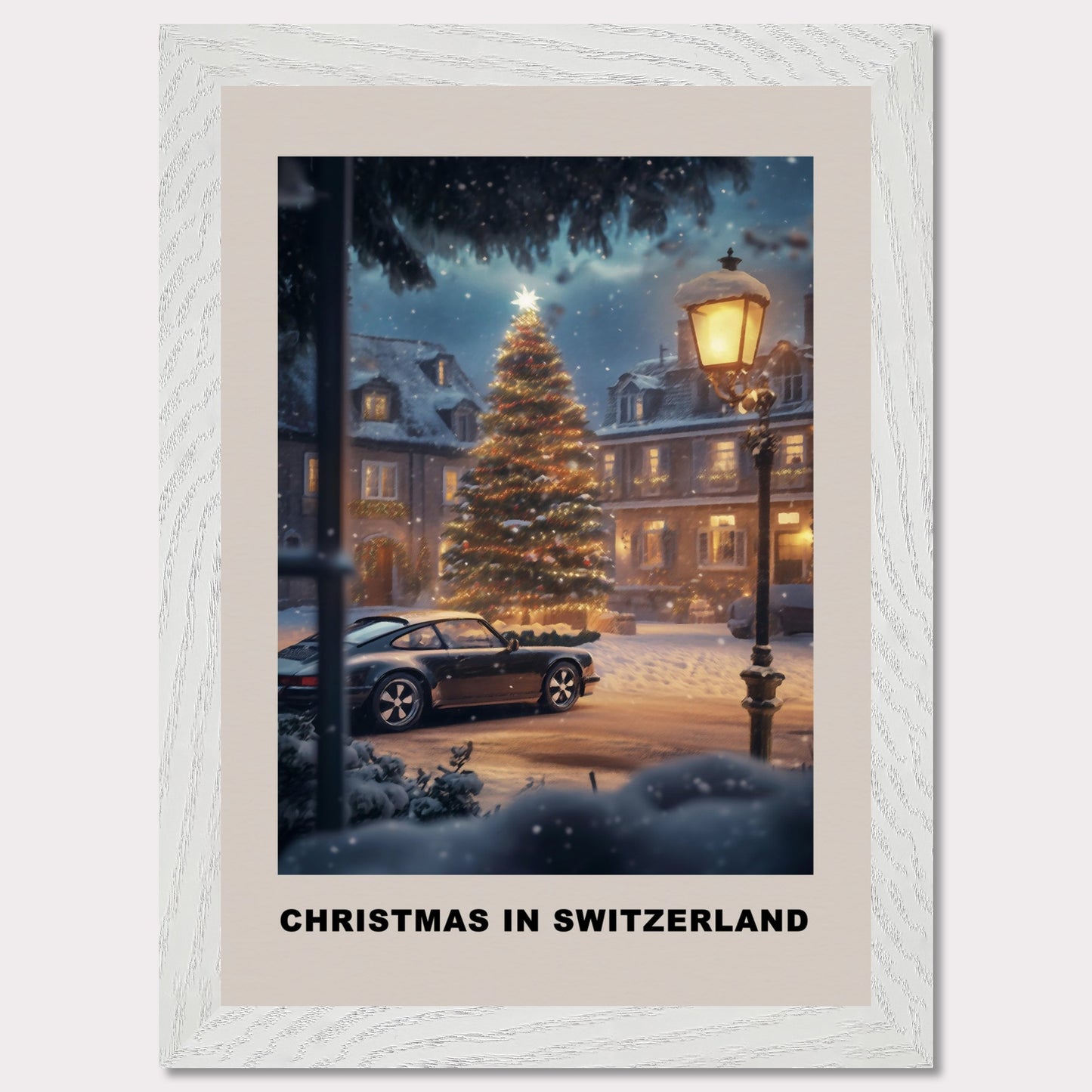 This heartwarming poster depicts a magical Swiss town square adorned with a glowing Christmas tree under a snowy evening sky. A classic vintage car adds a nostalgic charm, parked amidst festive lights and cozy, snow-covered houses. The scene invites you to experience the serene joy of a Swiss Christmas.