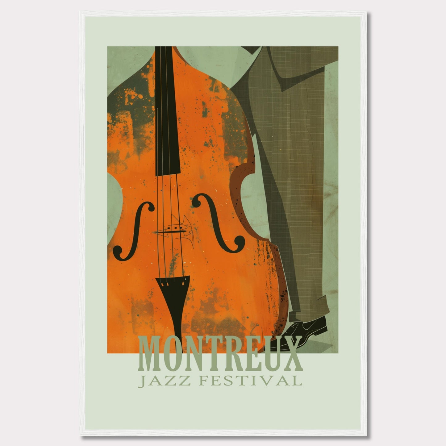 This image is a poster for the Montreux Jazz Festival. It features an abstract illustration of a double bass and a person in a suit.