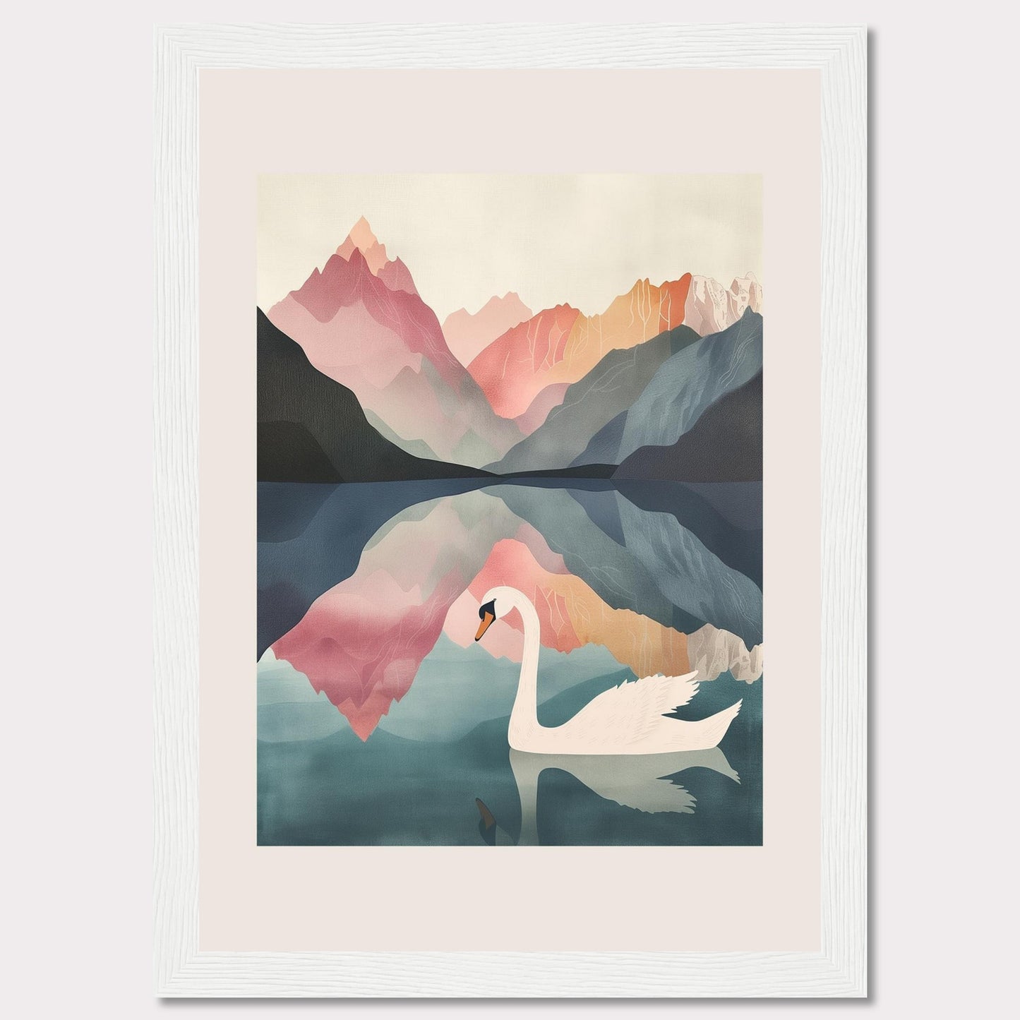 This captivating artwork features a serene swan gliding across a tranquil lake, surrounded by majestic mountains in pastel hues. The reflection of the mountains and the swan in the calm water adds a mesmerizing symmetry to the scene. The soft, muted colors evoke a sense of peace and tranquility.