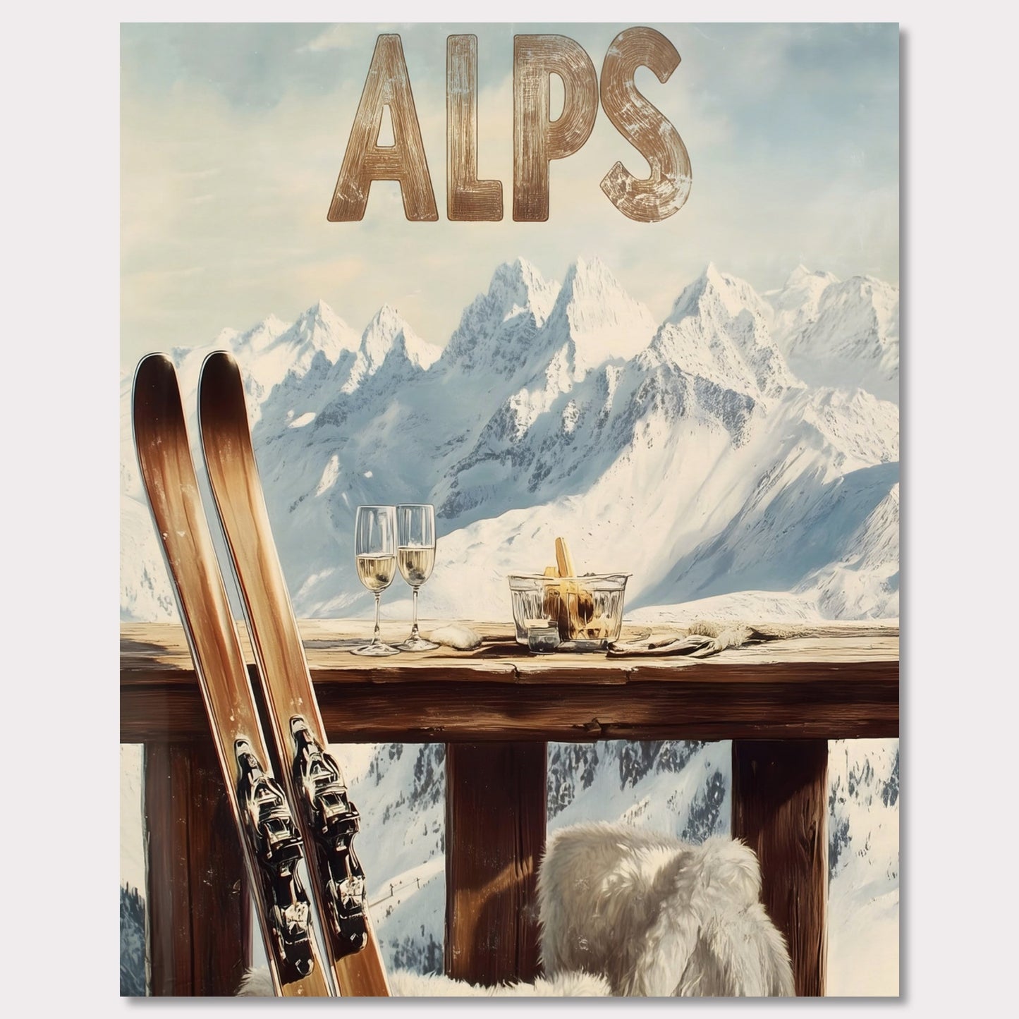 This vibrant poster captures the charm of après-ski culture with a rustic wooden terrace overlooking snow-covered mountains. The warm textures of fur throws and the elegant wine glasses create an inviting post-ski ambiance.