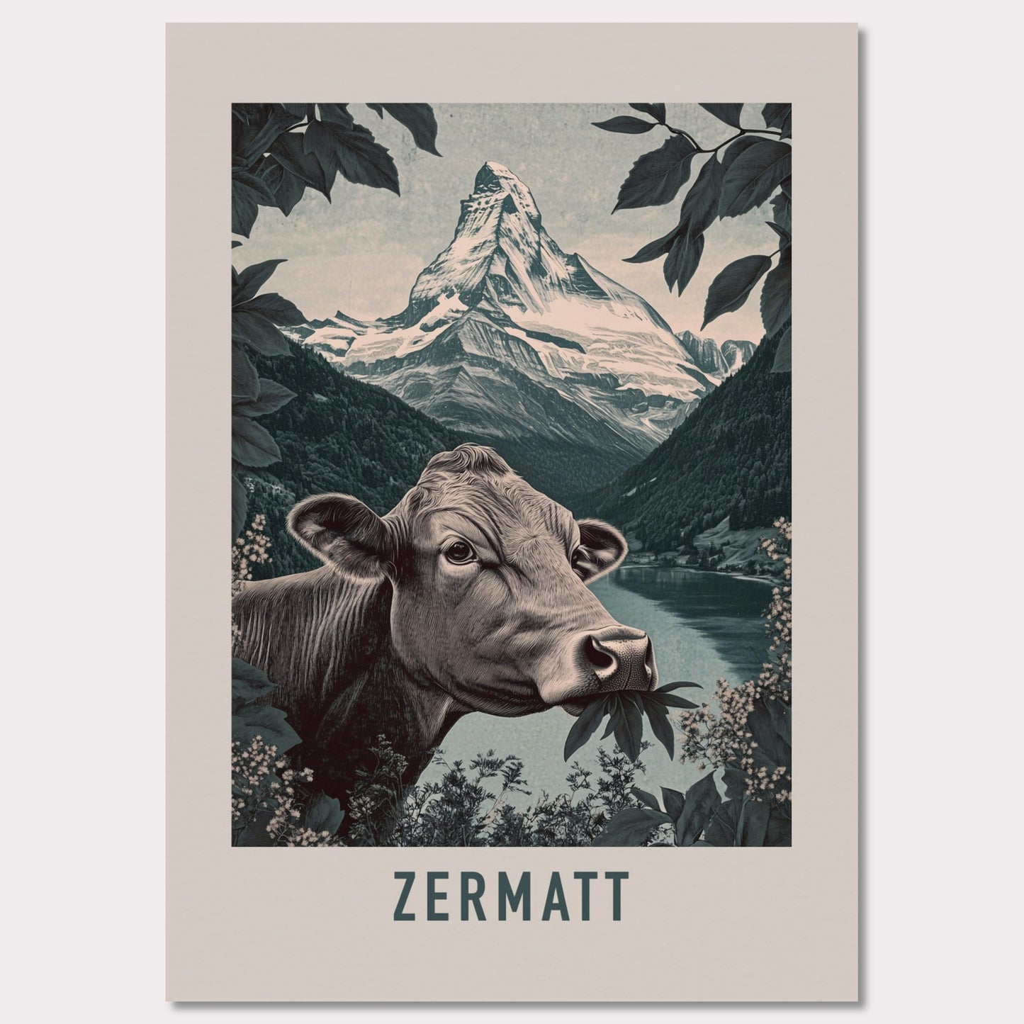 This minimalist yet striking poster captures the essence of Zermatt's natural charm through its bold composition and vintage-inspired design. At the heart of the image is a curious cow enjoying alpine foliage, framed by lush greenery, with the iconic Matterhorn towering in the background. The muted color palette enhances the timeless appeal, blending a sense of serenity and rustic life.