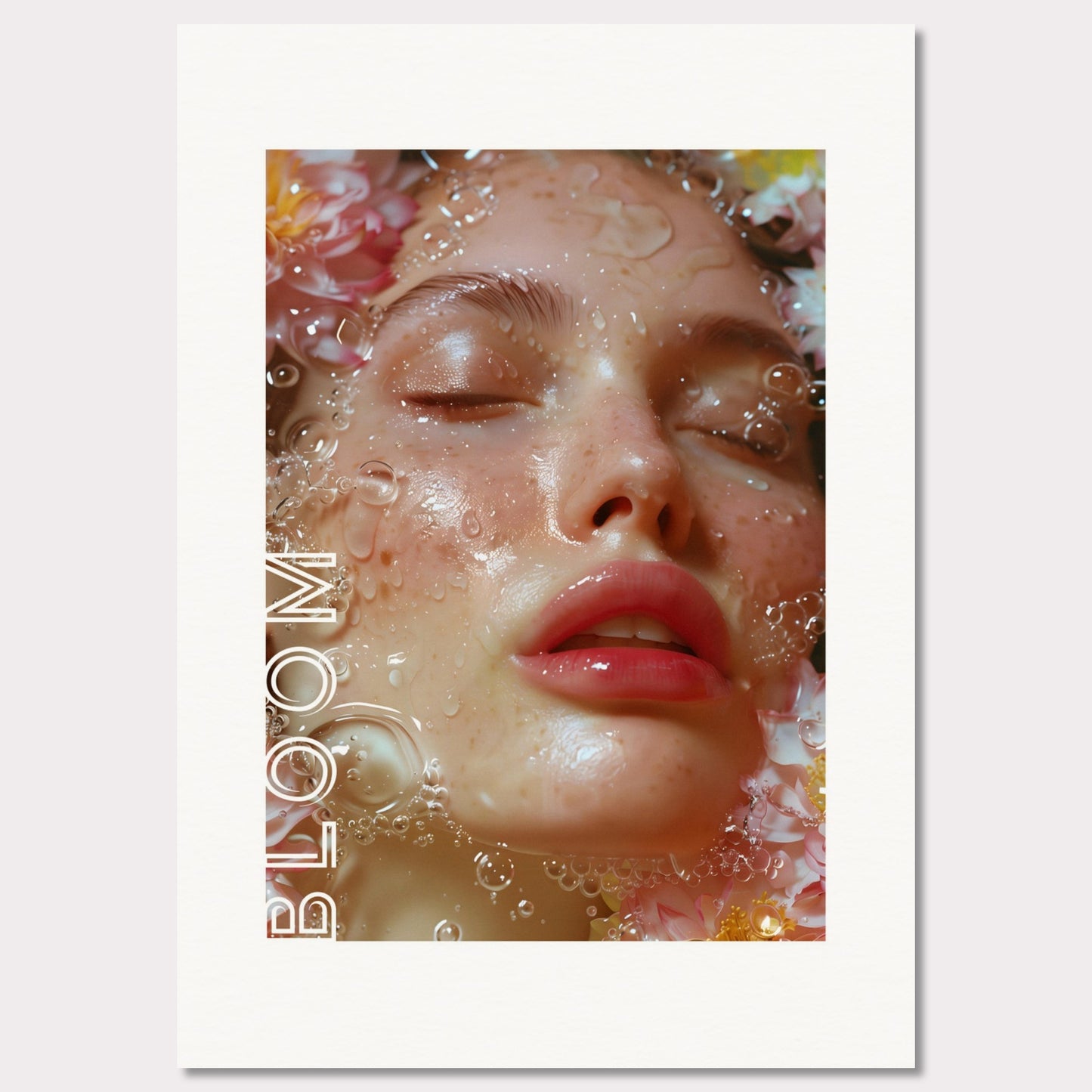 This illustration features a close-up of a serene face with closed eyes, surrounded by water droplets and flowers. The word "BLOOM" is prominently displayed along the left side.

Where this poster will fit: This poster would be ideal for a bedroom, living room, or beauty salon.