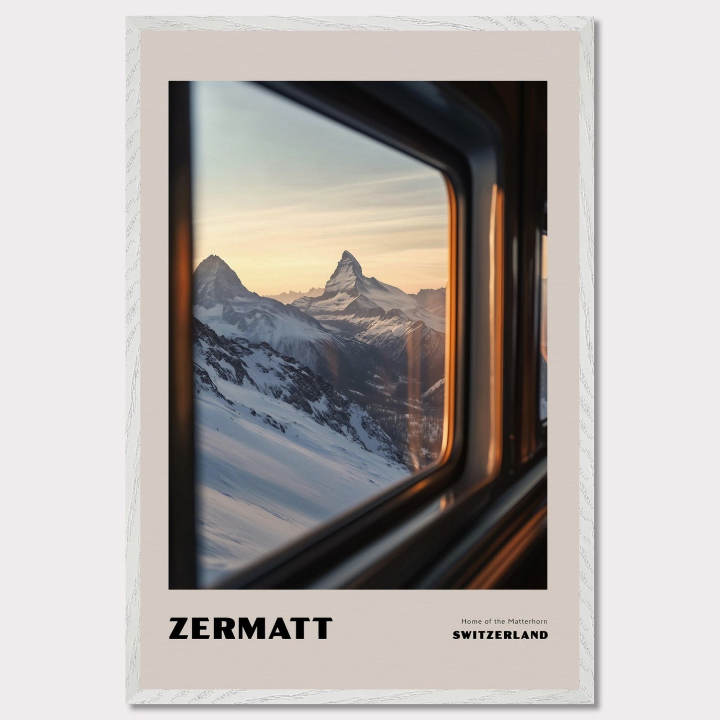 This poster features one of Switzerland’s most iconic symbols – the Matterhorn, proudly rising above the snowy slopes. The view from a train or gondola window creates a travel-like experience, while the soft sunset light adds an enchanting glow to the scenery.