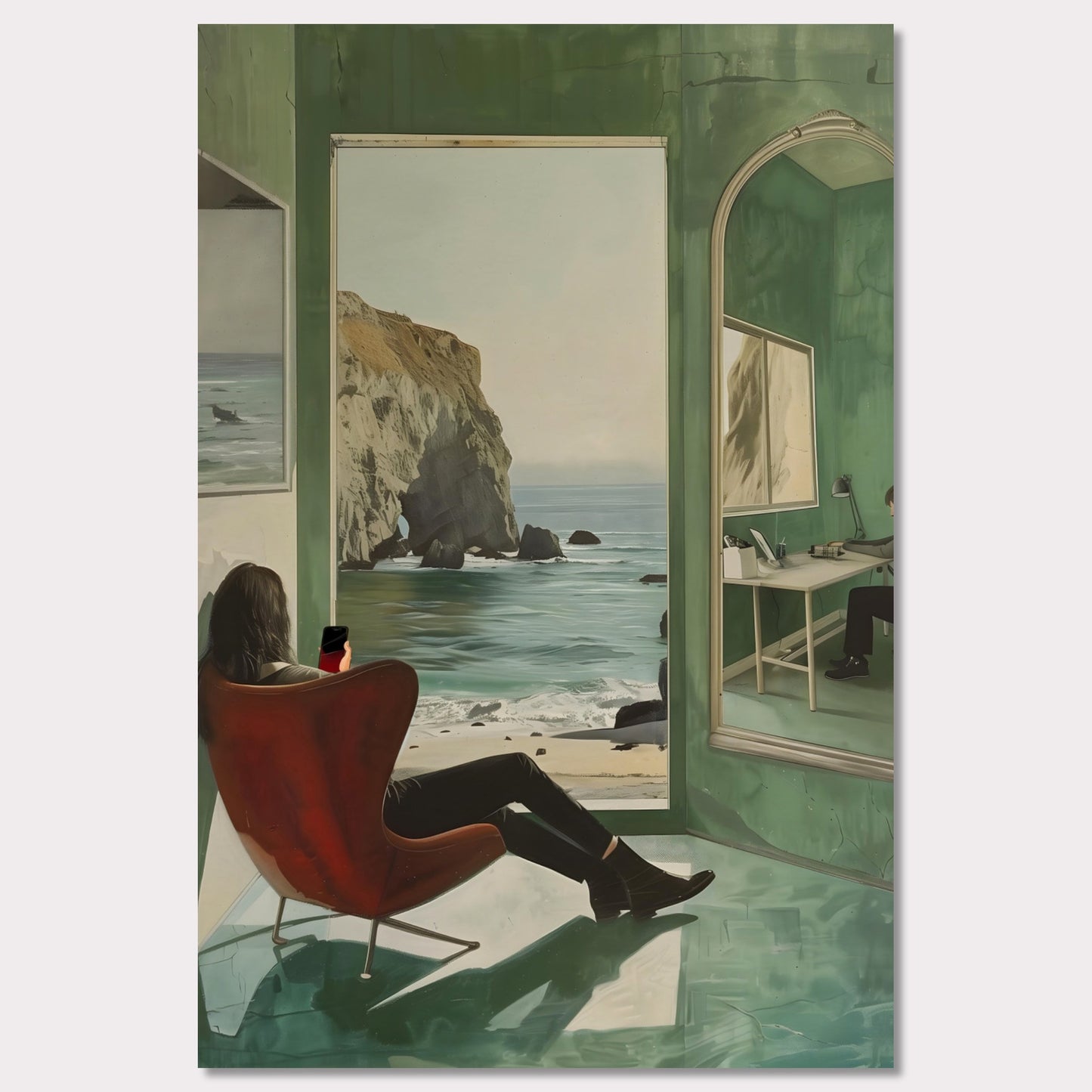 This captivating artwork depicts a serene coastal scene viewed from inside a room. A person is seated in a red chair, gazing out at the ocean through an open window. The reflection of another person working at a desk is visible in a large mirror on the right side. The room's green walls and floor create a calming ambiance, enhancing the peacefulness of the ocean view.