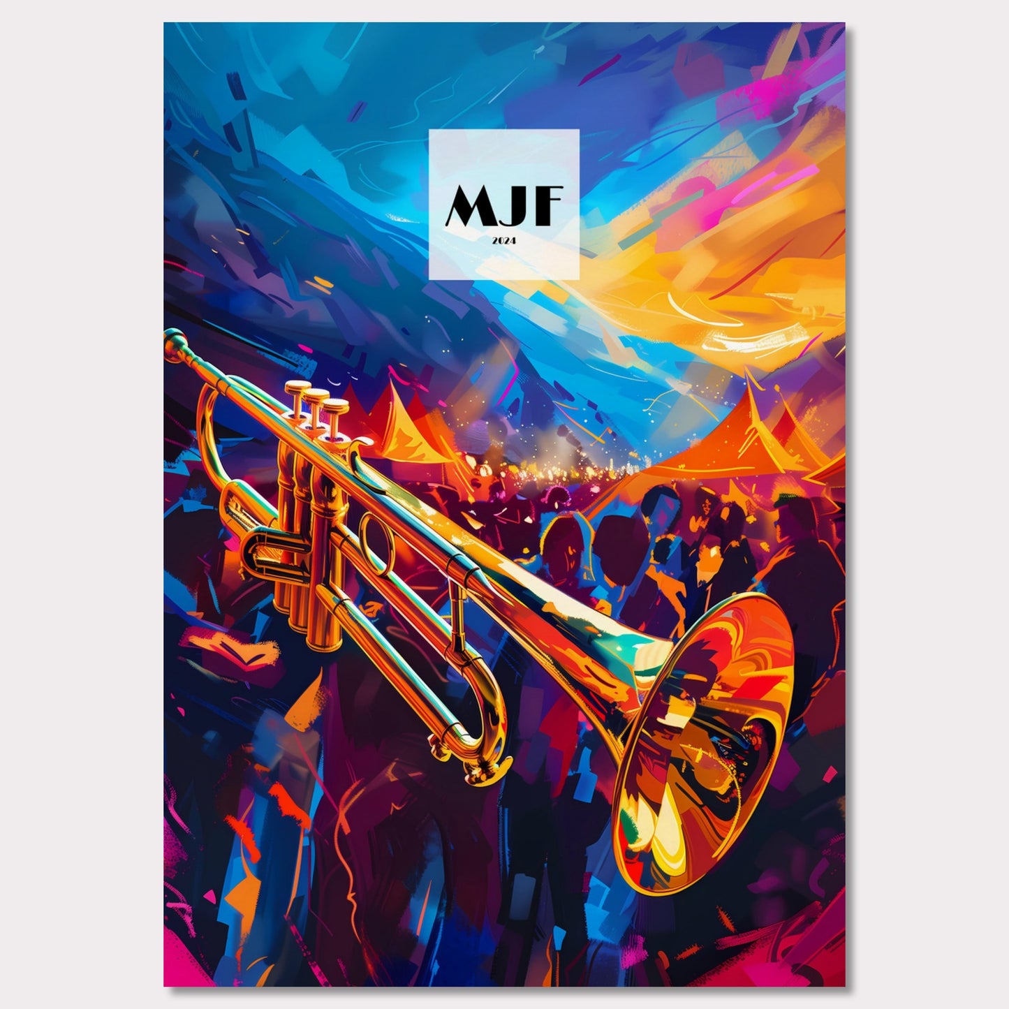 This vibrant poster captures the essence of a lively jazz festival. A gleaming trumpet takes center stage, set against a backdrop of colorful tents and an enthusiastic crowd. The sky is painted with dynamic strokes of blue and orange, adding to the energetic atmosphere.