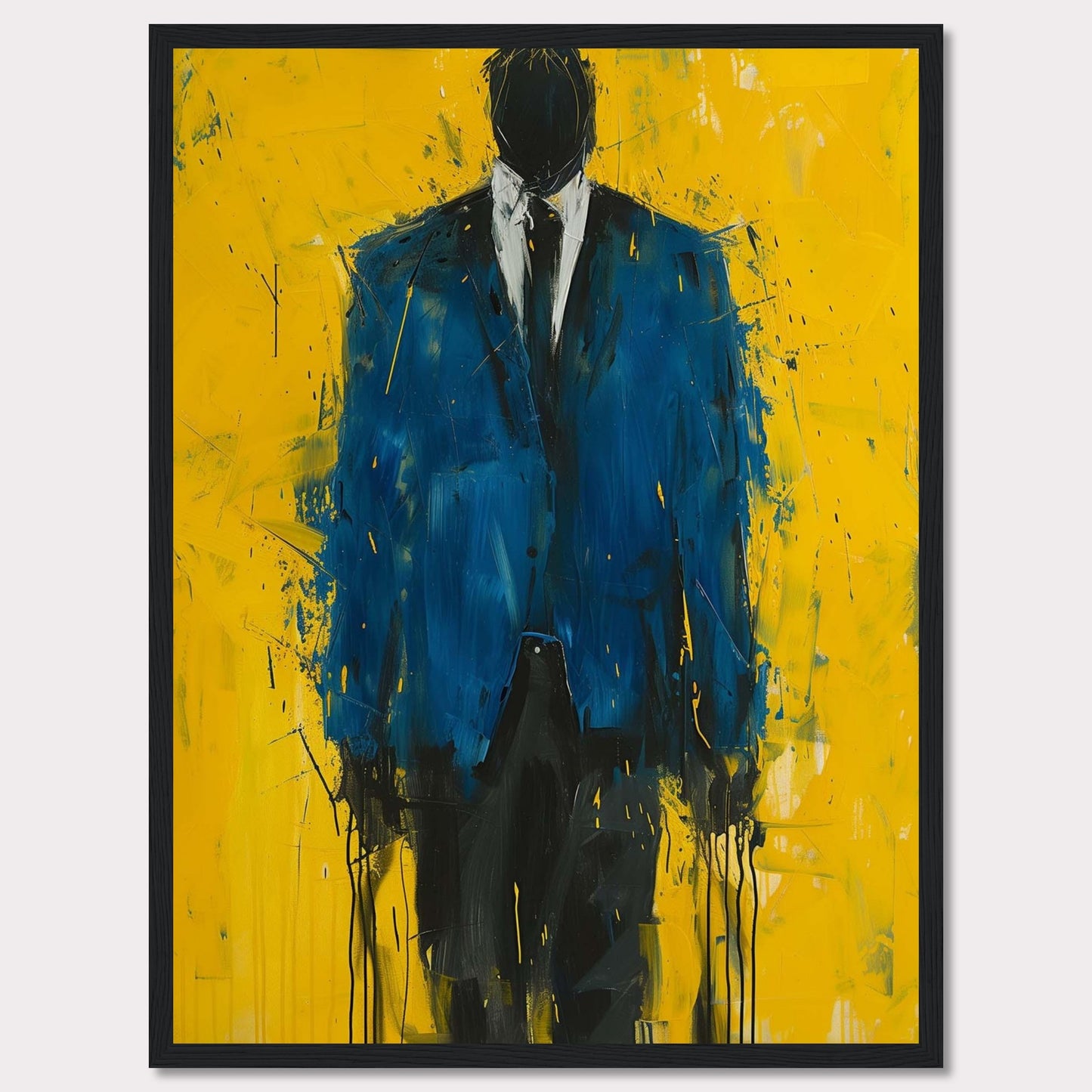 This striking painting features a faceless figure in a blue suit against a vibrant yellow background. The abstract style and bold colors create a powerful visual impact.