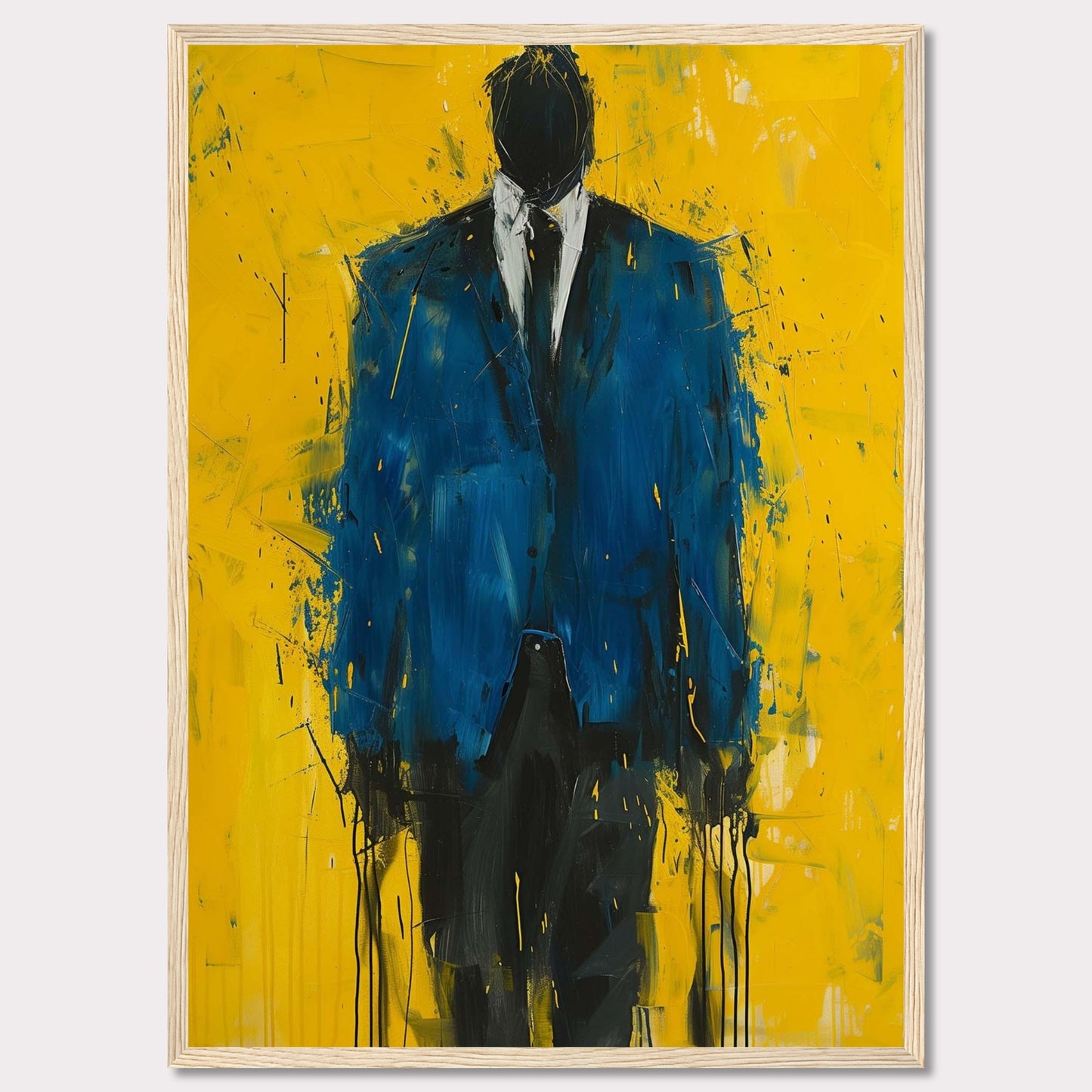 This striking painting features a faceless figure in a blue suit against a vibrant yellow background. The abstract style and bold colors create a powerful visual impact.