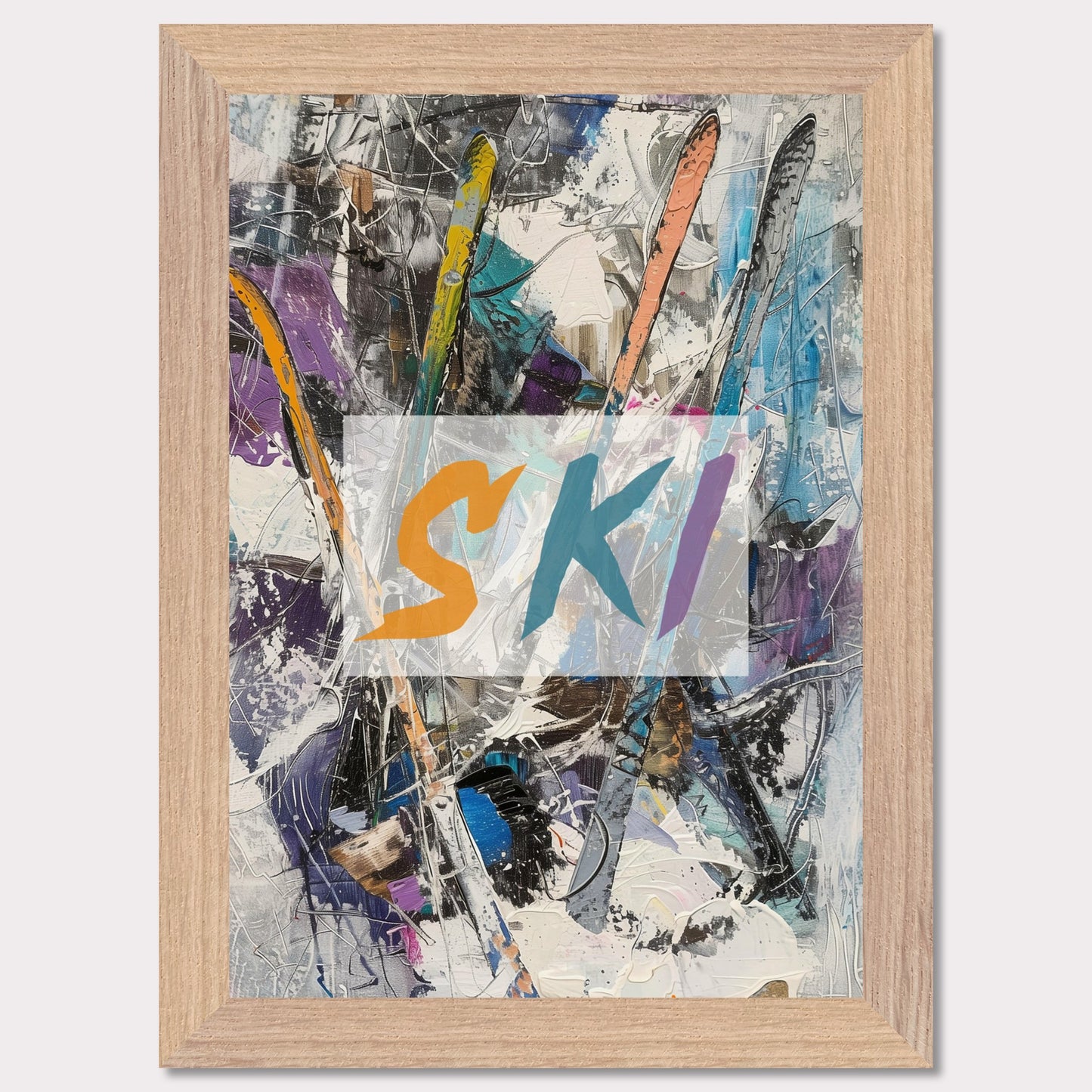 This vibrant artwork showcases an abstract composition featuring colorful ski elements. The word "SKI" is prominently displayed in bold, dynamic letters across the center. The background is a chaotic mix of brushstrokes and textures, creating a sense of movement and energy.