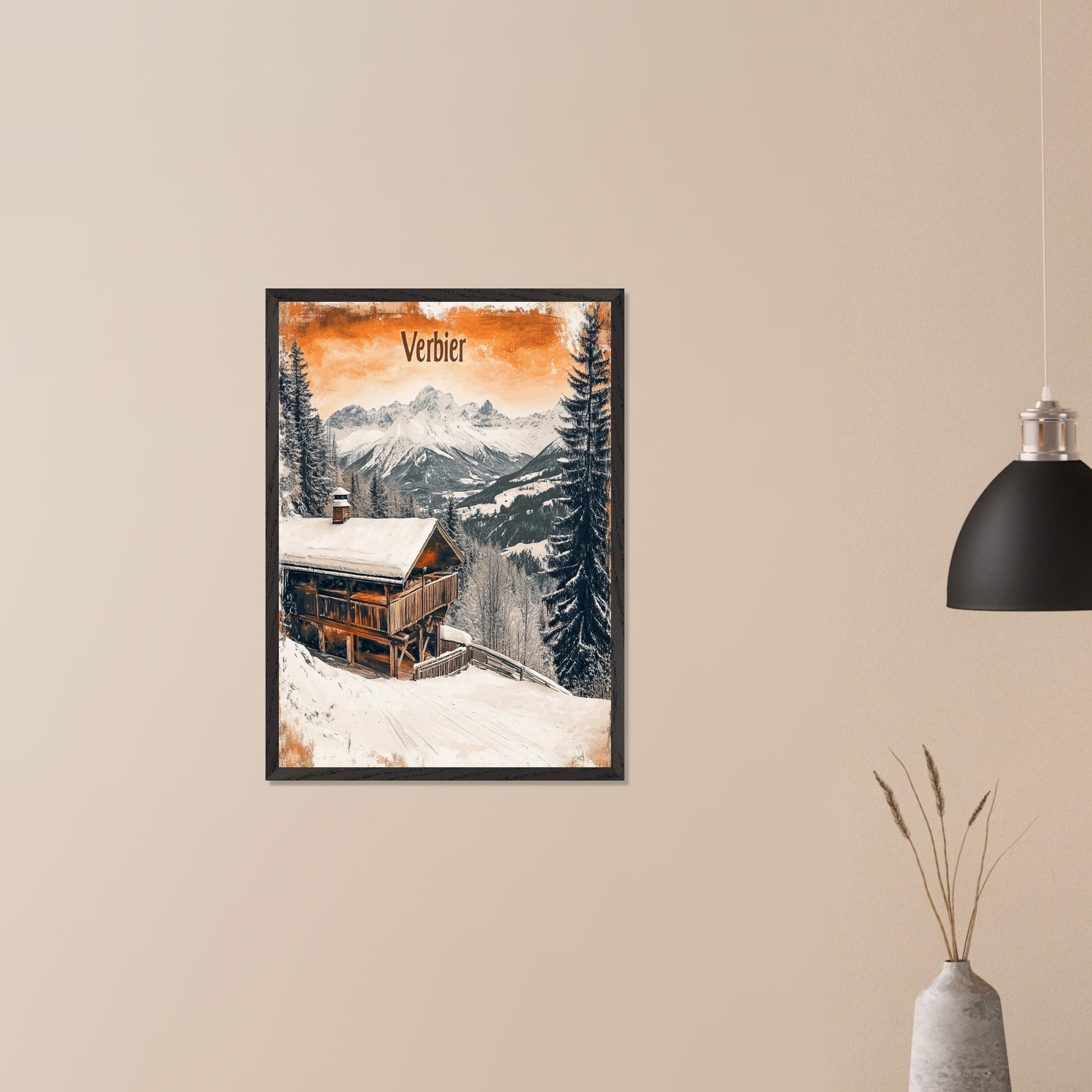 This charming retro-style poster showcases a cozy wooden cabin nestled in the snowy mountains of Verbier. The cabin, with its warm and rustic exterior, contrasts beautifully against the crisp white snow and towering, snow-capped peaks in the distance. The soft, vintage tones in the sky and the peaceful surroundings evoke a sense of tranquility and the perfect winter getaway. The gentle snowfall and warm cabin lights enhance the nostalgic feeling of a quiet retreat in the Alps.