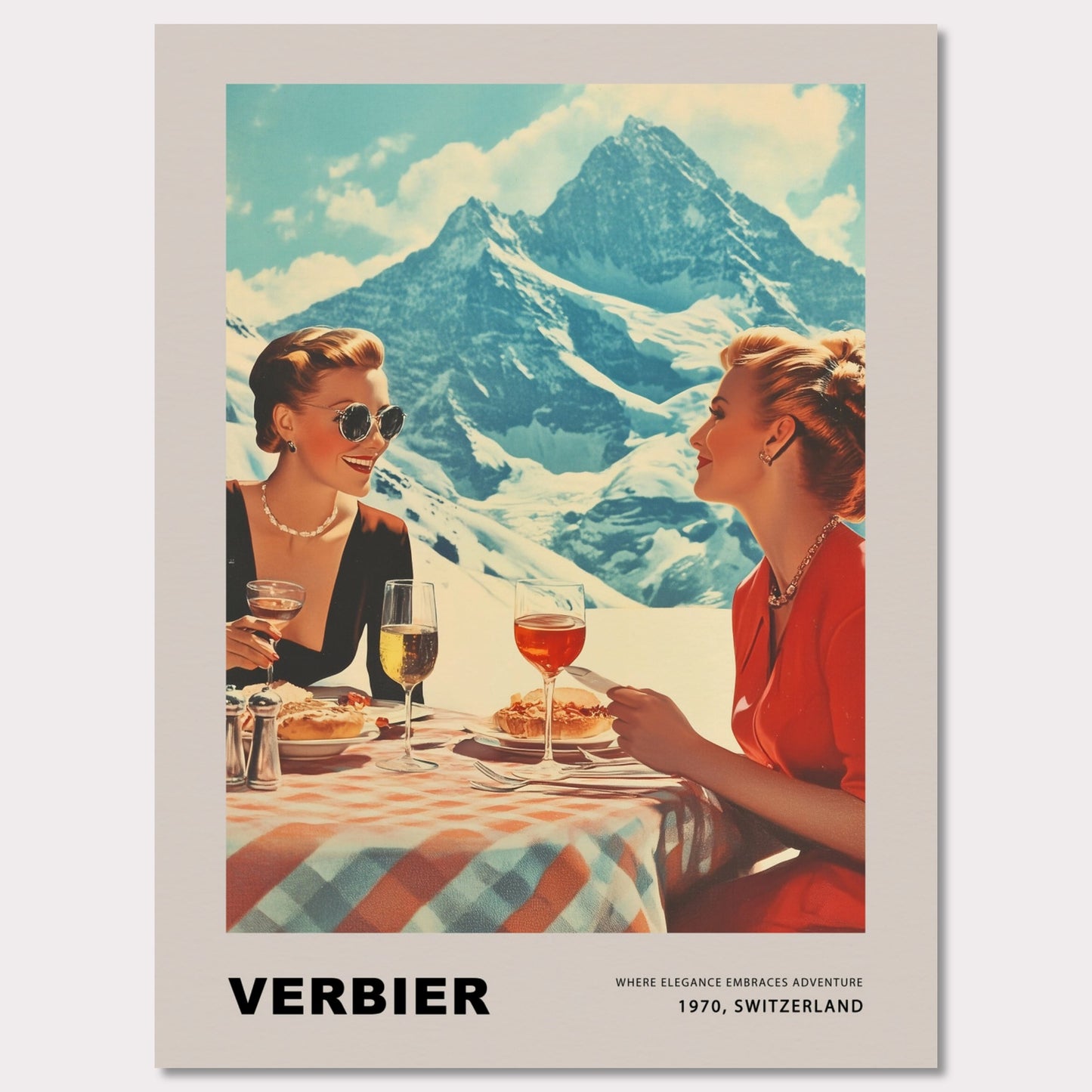 This glamorous poster showcases the refined charm of Verbier, featuring two elegantly dressed women enjoying an alfresco meal with breathtaking alpine peaks as their backdrop. The scene embodies a perfect blend of sophistication and adventure, inviting viewers to savor the unique allure of this Swiss ski destination.