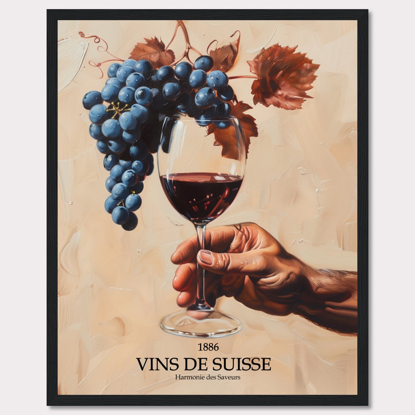 This captivating image showcases a hand holding a glass of red wine, with a luscious bunch of grapes hanging above it. The background is painted in warm, earthy tones, enhancing the rich colors of the grapes and wine.