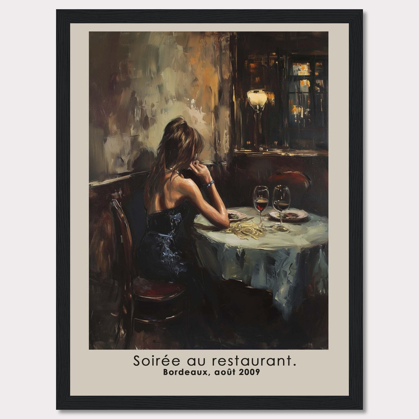 This evocative artwork captures a solitary moment in a restaurant, depicting a woman in an elegant black dress seated at a table adorned with wine glasses and a half-eaten meal. The dim, warm lighting and the reflective mood of the scene create a sense of introspection and nostalgia.