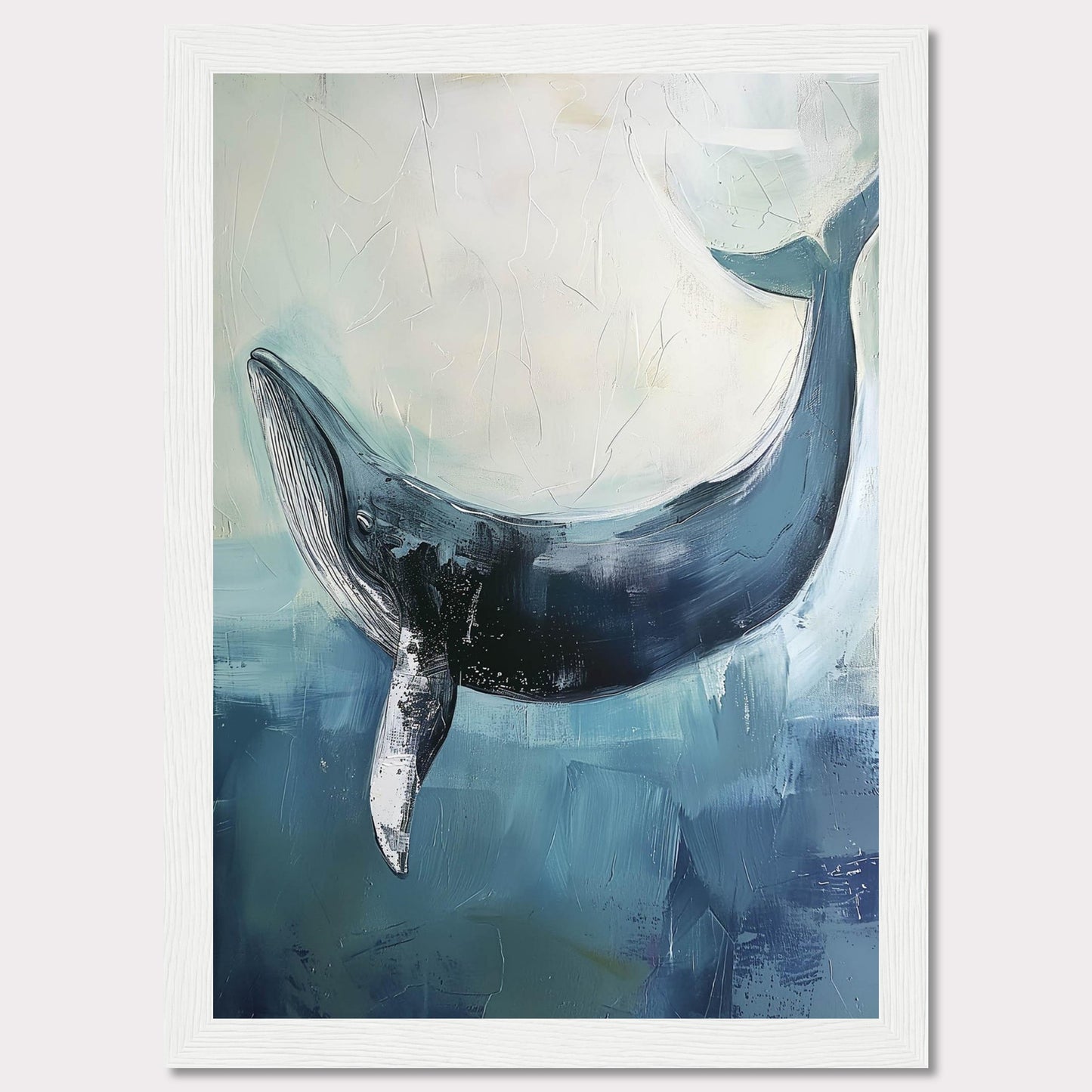 This image showcases a stunning painting of a whale gracefully swimming in the ocean. The artwork captures the serene beauty and majesty of the whale, set against a backdrop of soothing blue and white hues. The texture and brushstrokes add depth and movement to the piece, making it an eye-catching addition to any space.