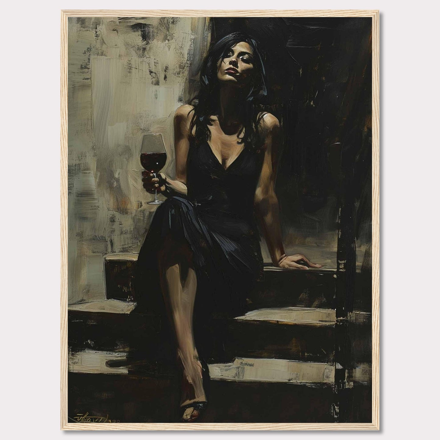 This captivating painting depicts a woman in an elegant black dress, seated on a set of steps. She holds a glass of red wine, exuding confidence and sophistication. The dark, moody background contrasts with her poised demeanor, creating a sense of intrigue and allure.