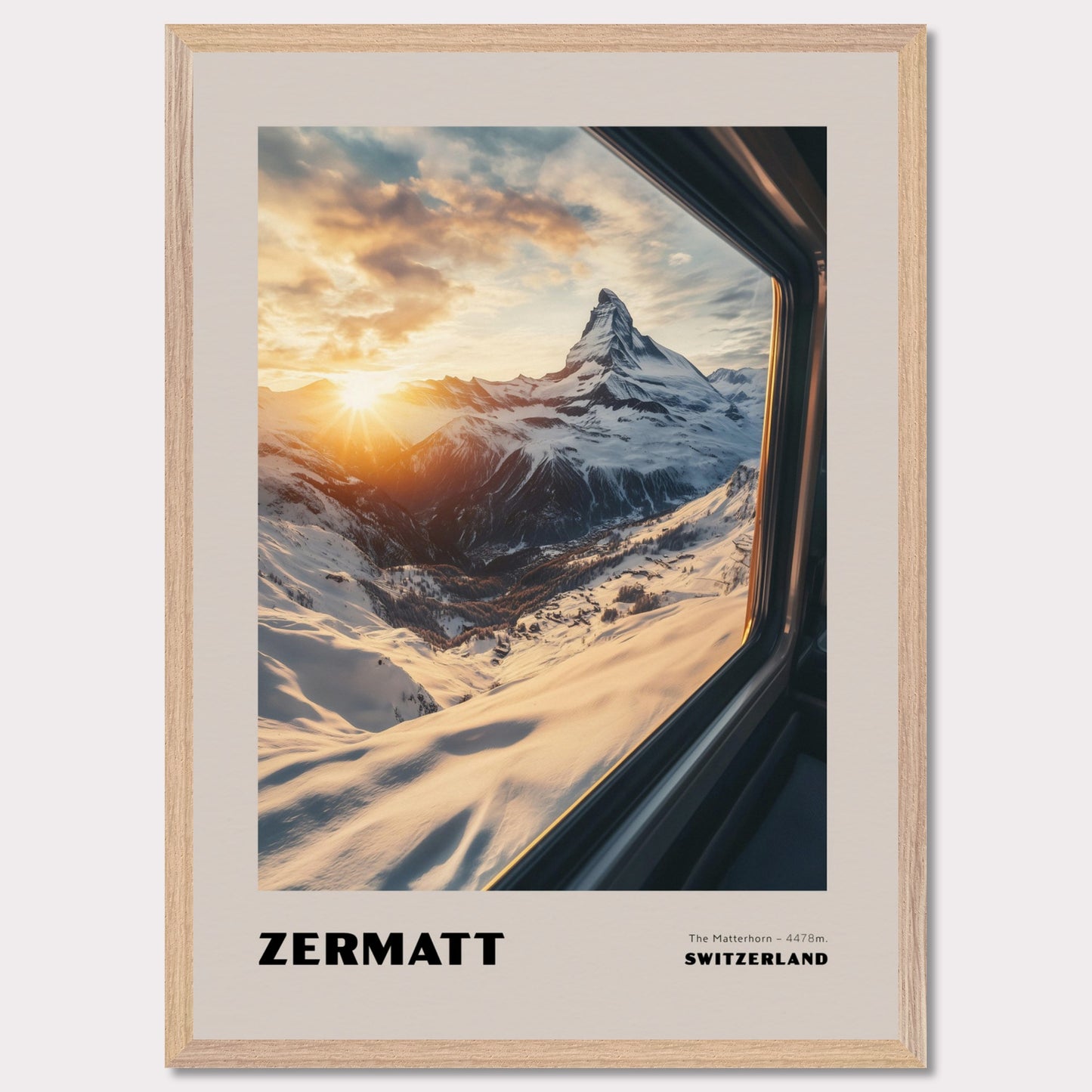 A stunning view of the Matterhorn bathed in golden sunset hues. Towering at 4478 meters, this legendary mountain has always drawn adventurers and travelers. The warm colors of the sunset create an extraordinary atmosphere, while the snow-covered slopes emphasize the purity and majesty of nature.