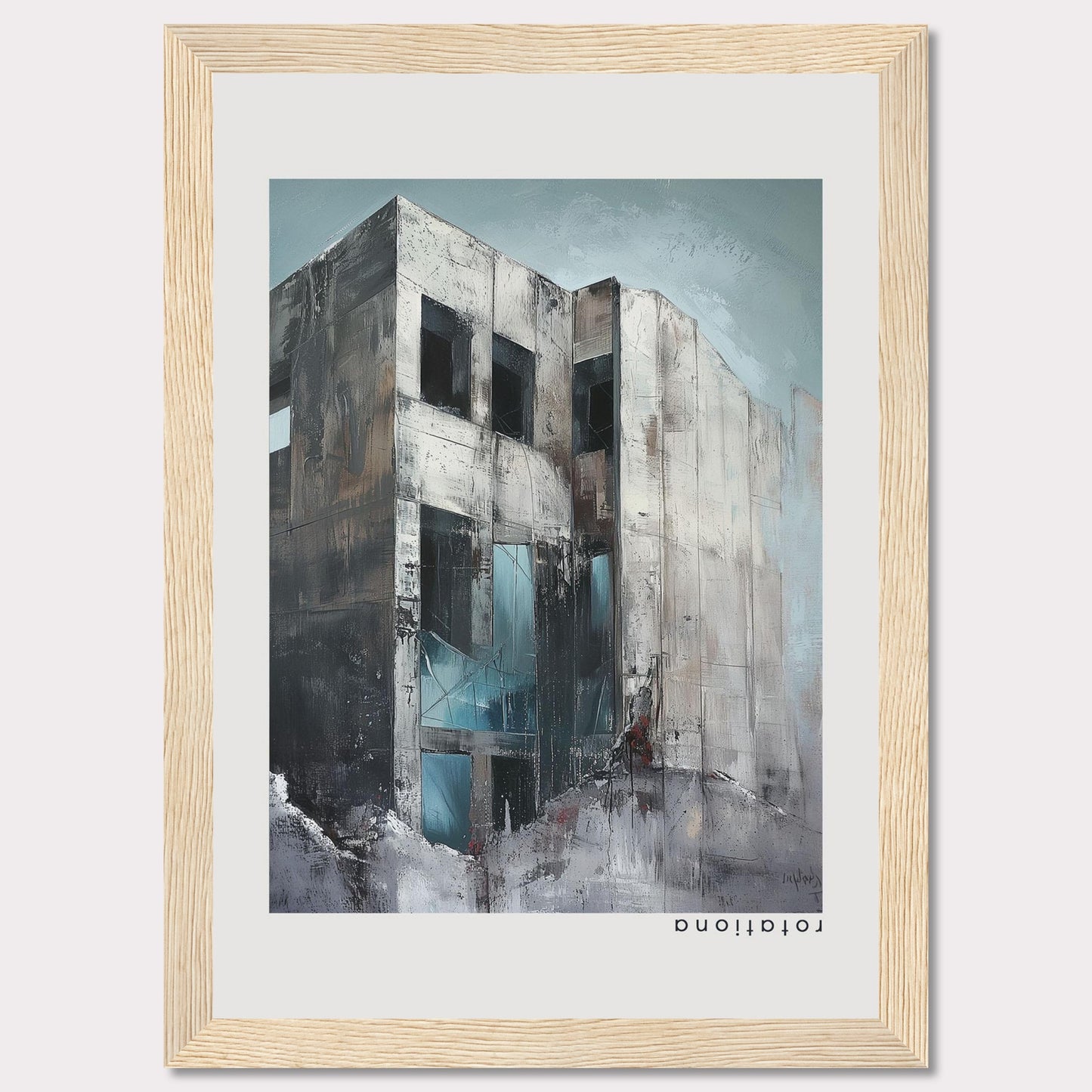 This striking artwork captures a modern, abstract building with a raw and industrial aesthetic. The painting features a weathered facade with large, dark windows, and a mix of cool and neutral tones that evoke a sense of mystery and intrigue.