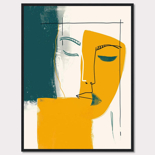 This captivating abstract art piece features a minimalist line drawing of a face, blending bold colors and simple shapes to create a striking visual impact. The artwork combines teal, mustard yellow, and white, with a black frame adding a touch of sophistication.