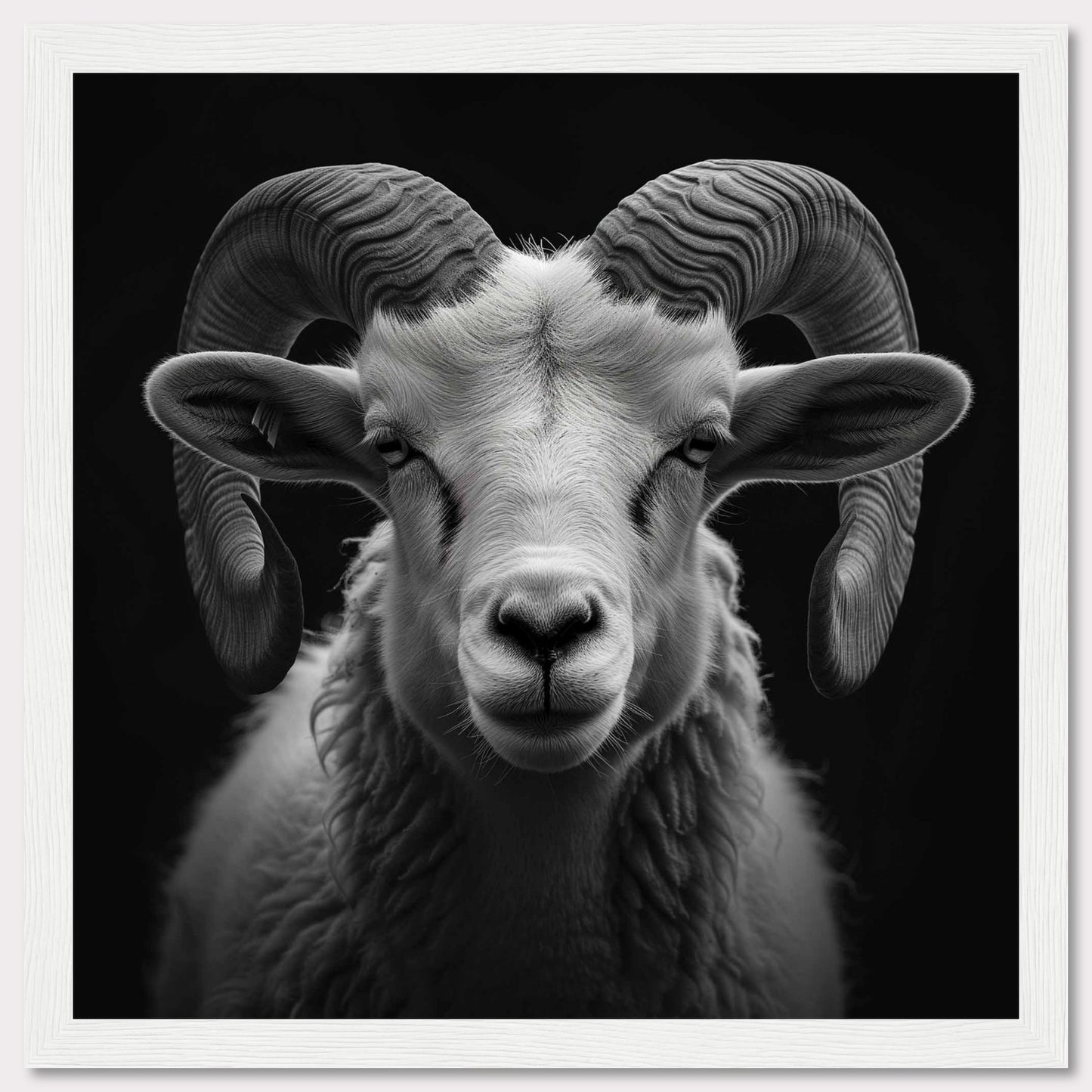 This striking black and white photograph captures the majestic presence of a ram with impressive, curved horns. The detailed texture of its fur and the intensity in its eyes are beautifully highlighted against a dark background.