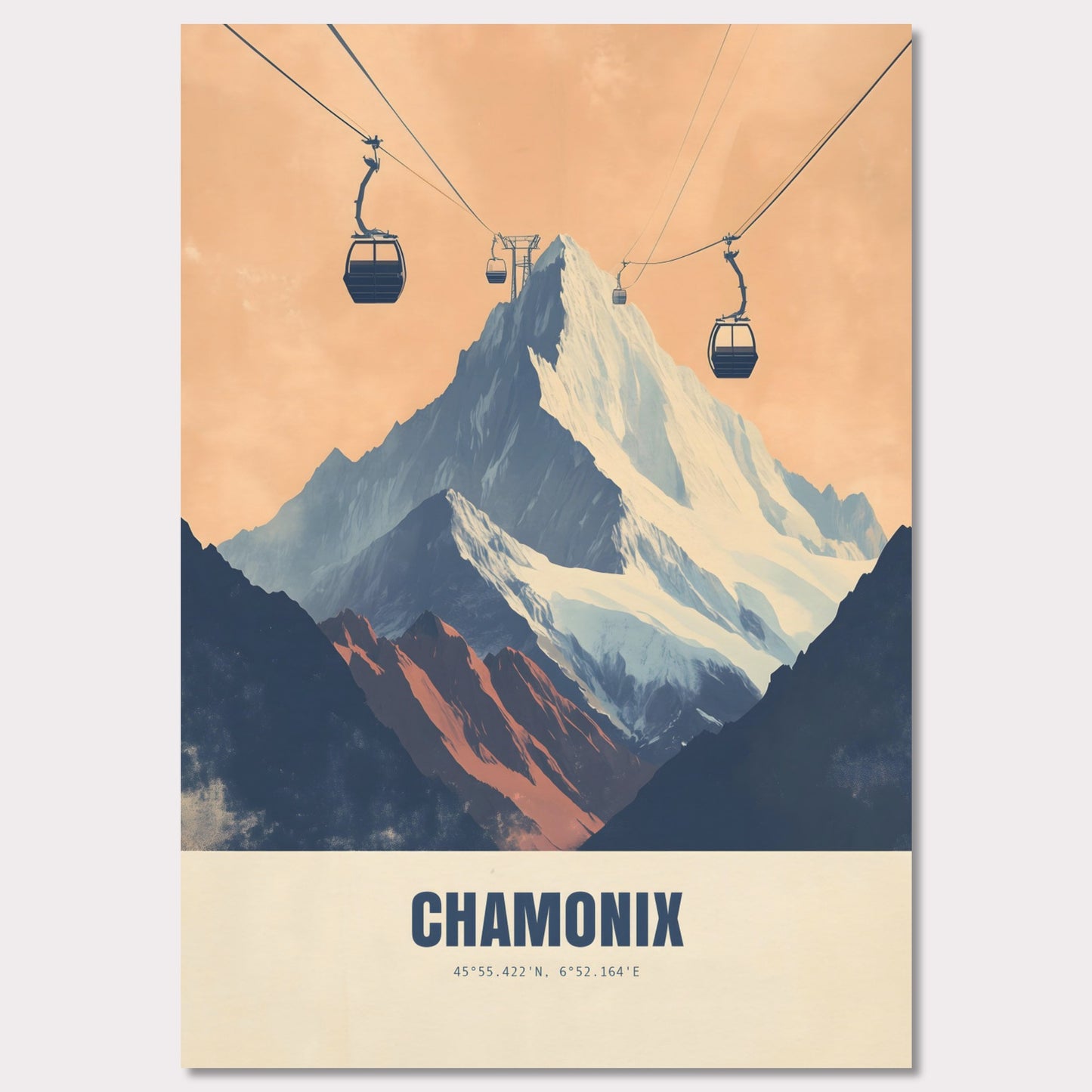 This striking poster showcases the dramatic ascent to Chamonix’s peaks, with cable cars stretching across the sky towards the snow-covered mountains. The bold contrasts between deep shadows and glowing light create an atmosphere of adventure and grandeur.