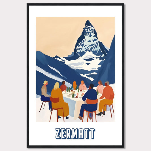 A vibrant and artistic illustration of a group of people dining outdoors with the majestic Matterhorn mountain in the background. The scene captures the essence of Zermatt, Switzerland.