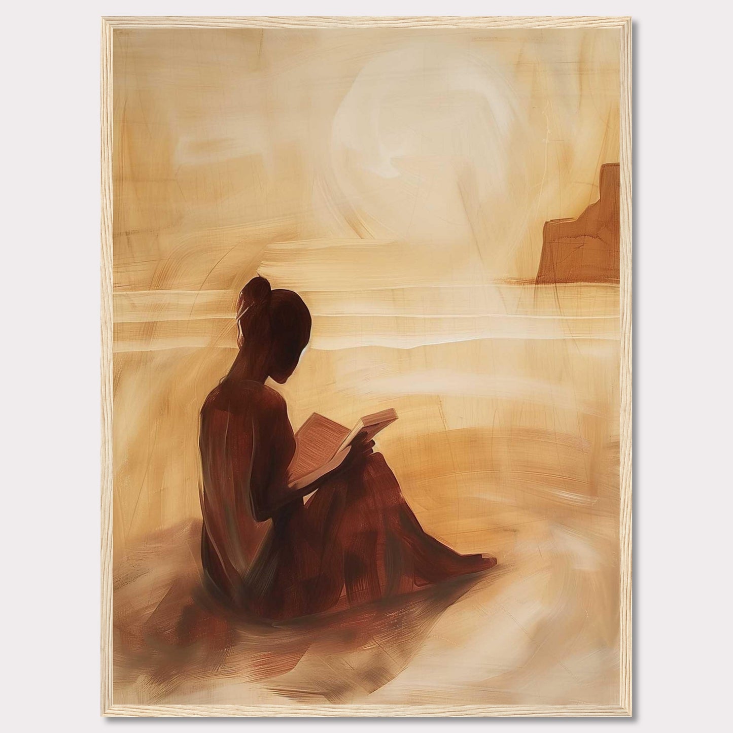 This serene painting captures a solitary figure engrossed in a book, seated on a tranquil beach with the sun setting in the background.