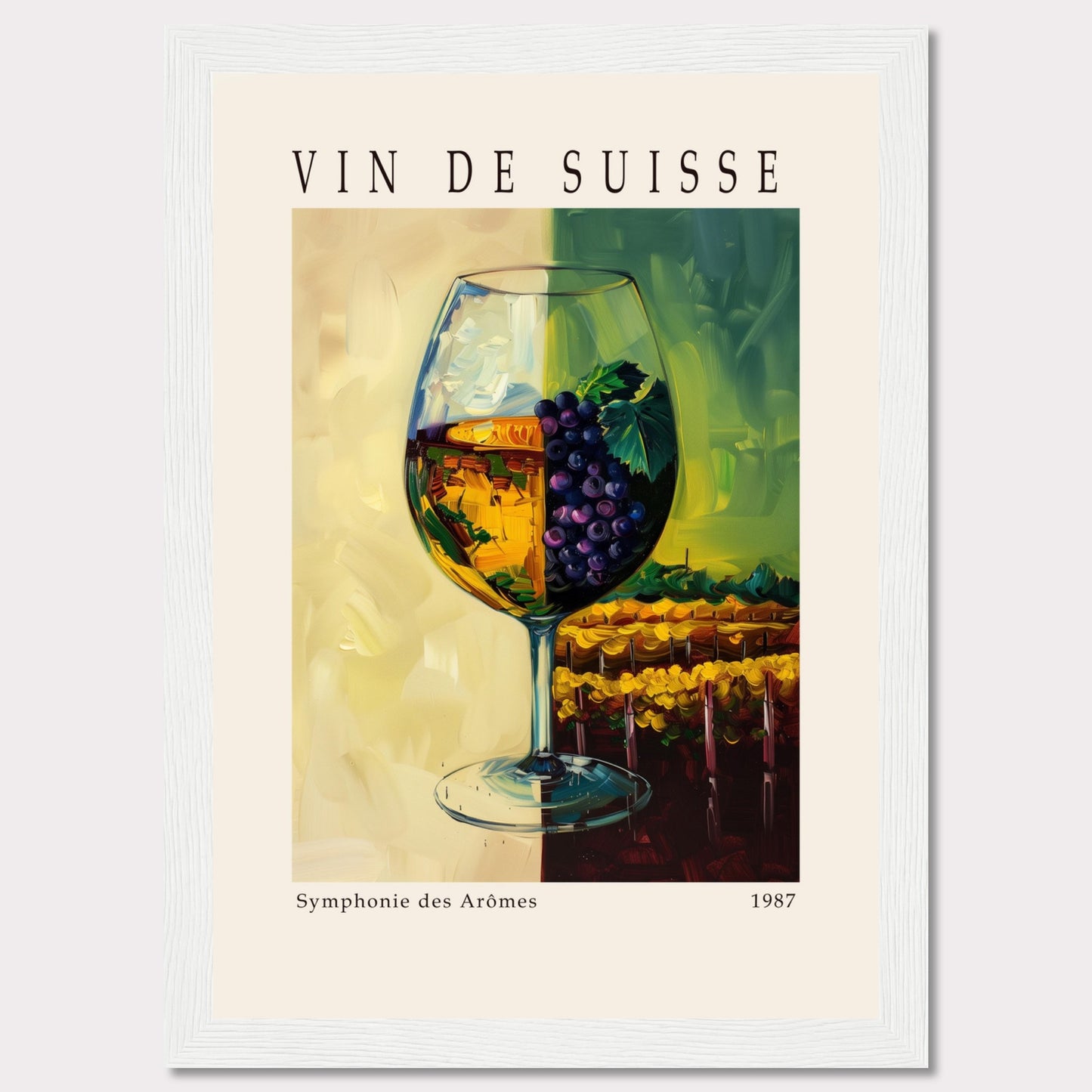 This vibrant poster showcases a wine glass filled with white wine, adorned with a cluster of purple grapes and green leaves. The background features a picturesque vineyard scene, split into two contrasting hues of yellow and green.