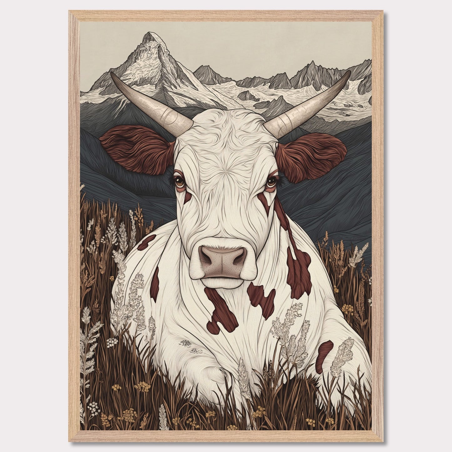 This beautifully detailed poster portrays a tranquil scene of alpine life with a focus on the harmonious connection between nature and animals. A striking cow with intricate features gazes directly at the viewer, creating a sense of intimacy, while the majestic Matterhorn looms in the background. The combination of soft earth tones and delicate linework evokes a rustic yet modern aesthetic.