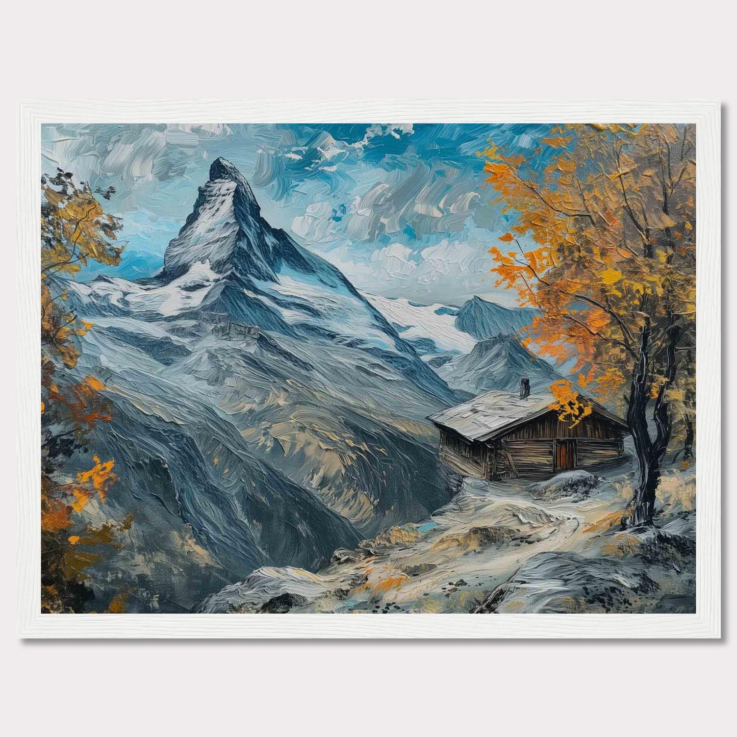 This stunning painting captures a serene mountain landscape with a quaint cabin nestled among the snow-covered peaks. The vibrant autumn foliage adds a splash of color against the majestic backdrop of towering mountains and a clear blue sky.