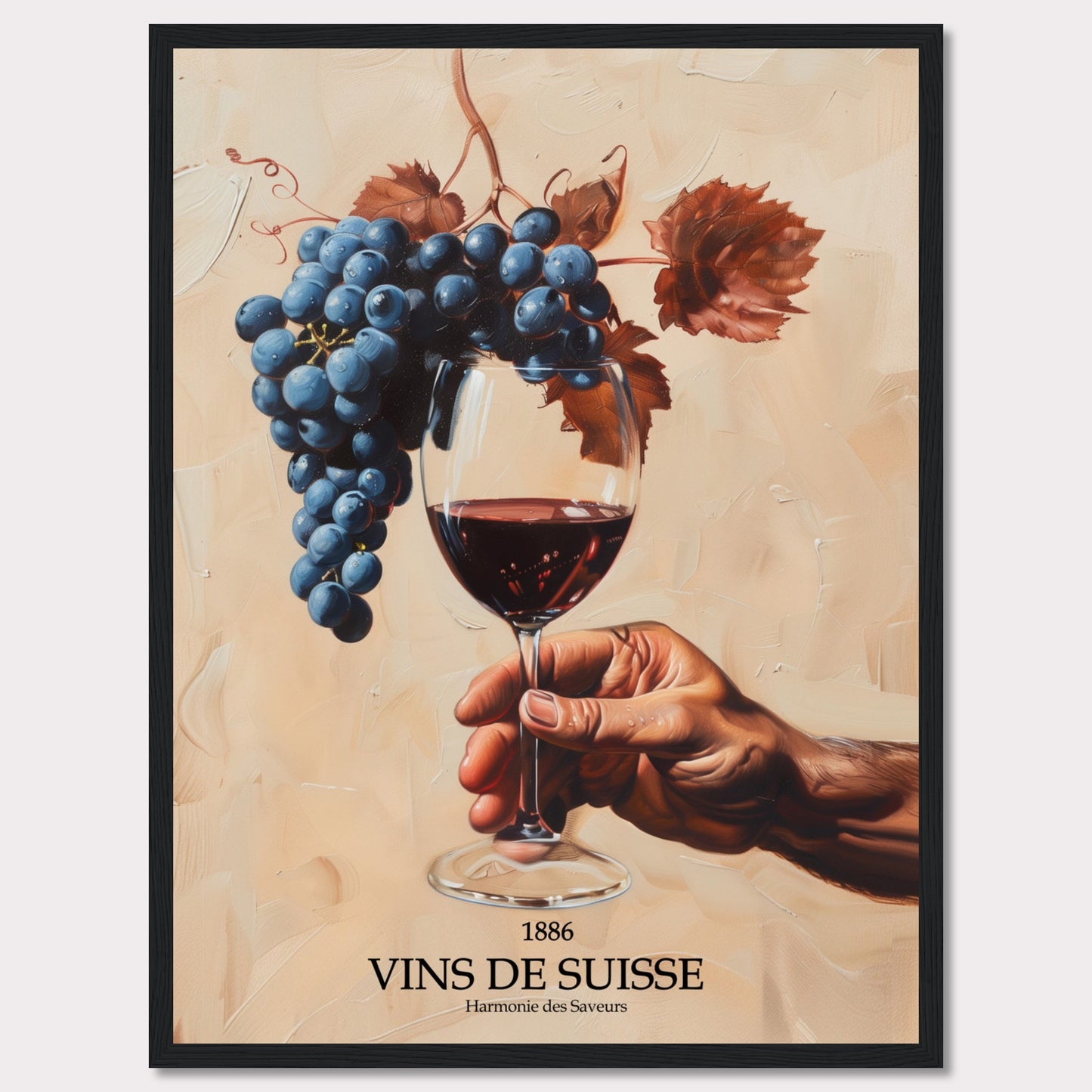 This captivating image showcases a hand holding a glass of red wine, with a luscious bunch of grapes hanging above it. The background is painted in warm, earthy tones, enhancing the rich colors of the grapes and wine.